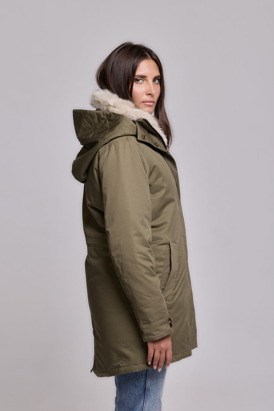 Parka Elegant Beige con Collo Alto e Gilet in pelliccia Removibile