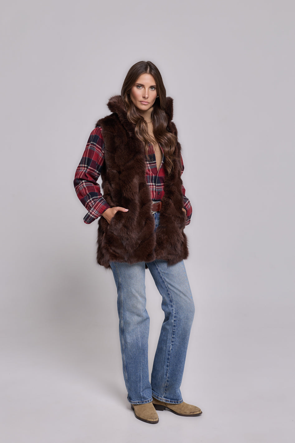 Parka Elegant Brown con Collo Alto e Gilet in pelliccia Removibile