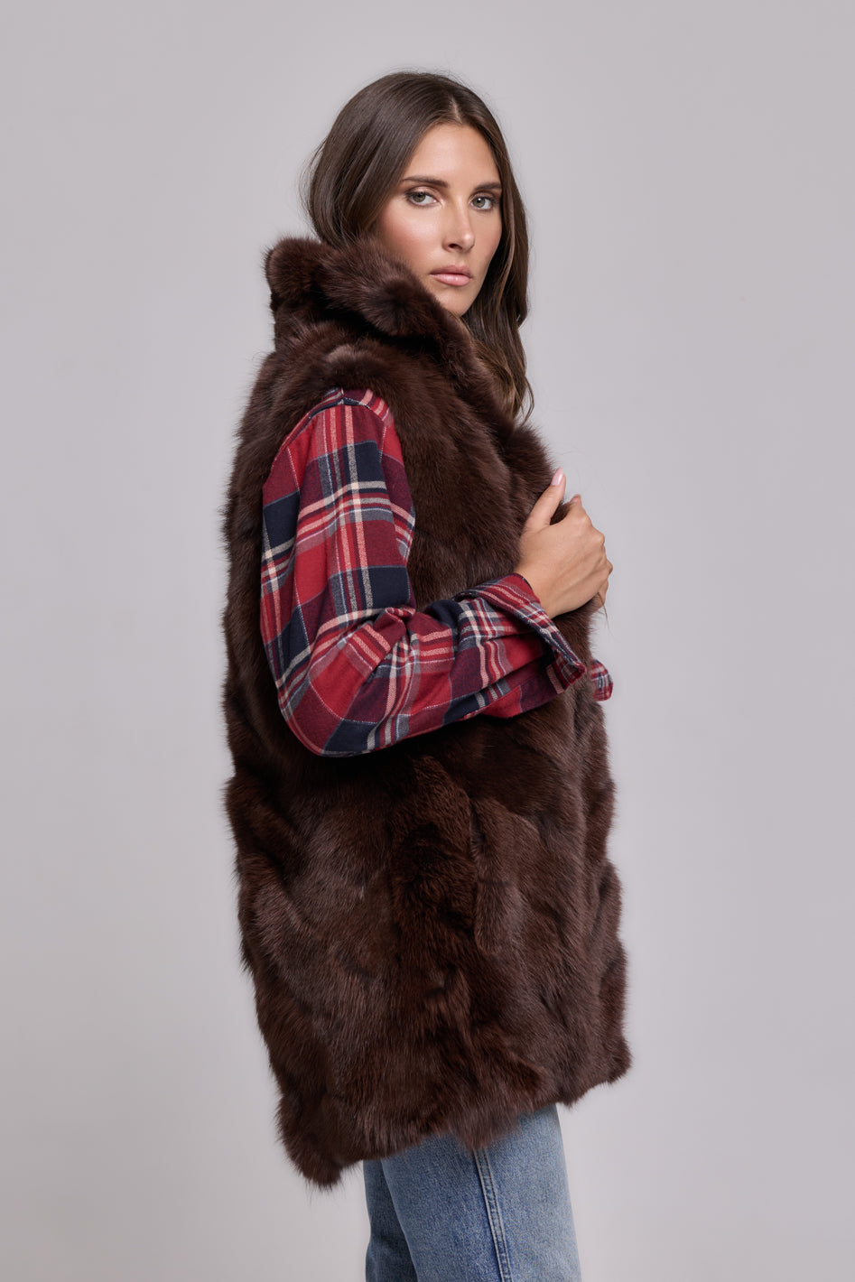 Parka Elegant Brown con Collo Alto e Gilet in pelliccia Removibile