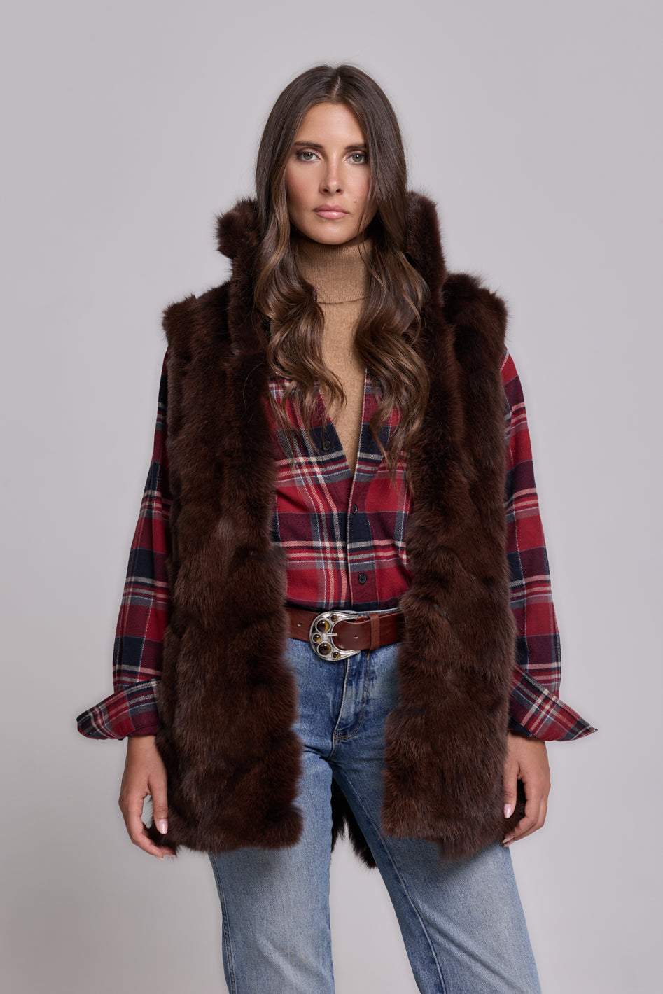 Parka Elegant Brown con Collo Alto e Gilet in pelliccia Removibile