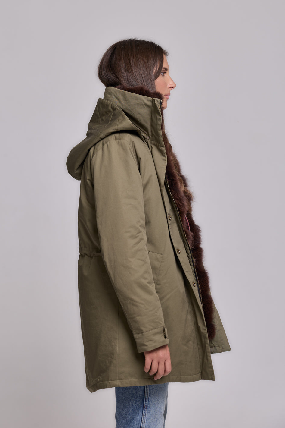 Parka Elegant Brown con Collo Alto e Gilet in pelliccia Removibile