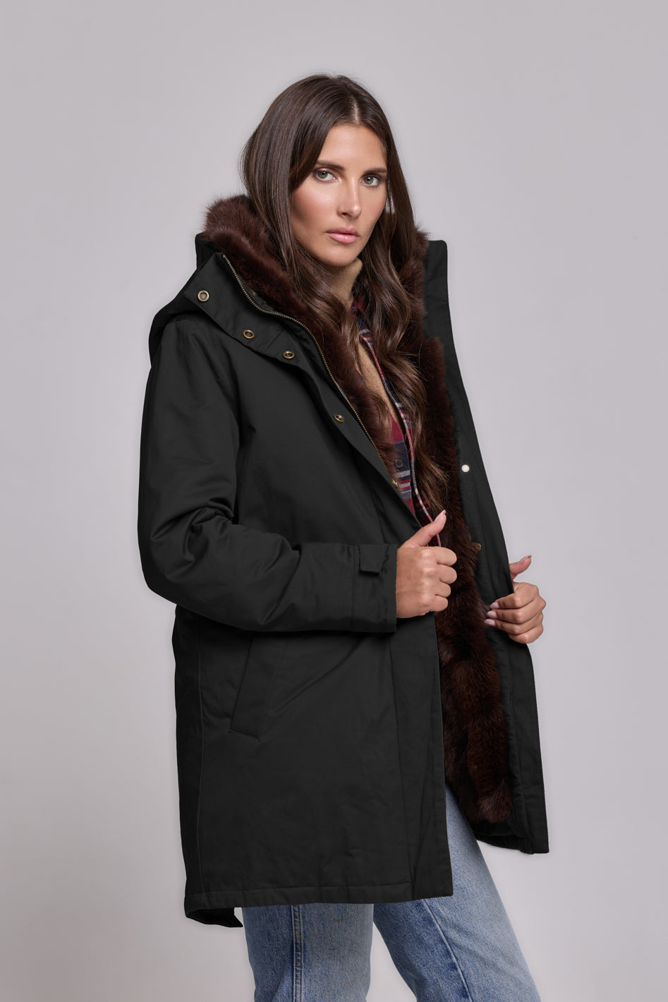 Parka Elegant Brown con Collo Alto e Gilet in pelliccia Removibile