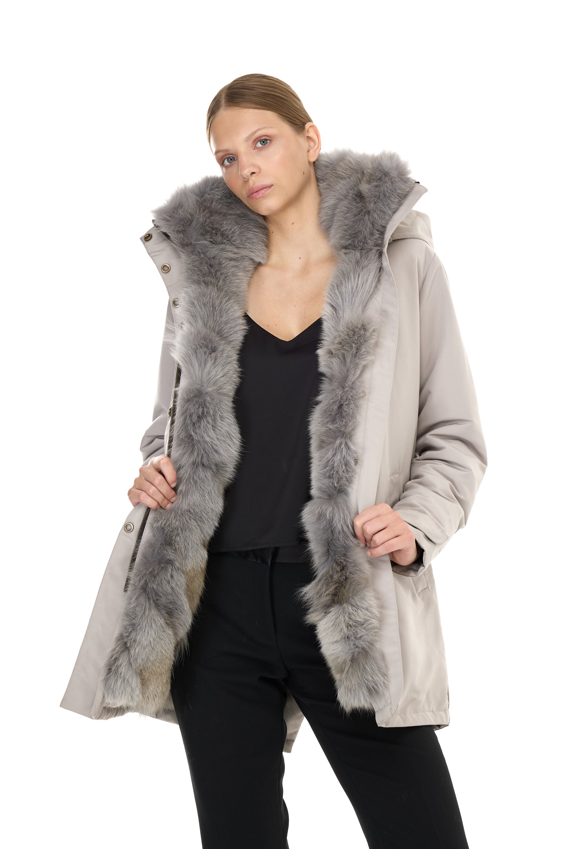 Parka Elegant Elephant Grey avec un col haut et un gilet en fourrure amovible