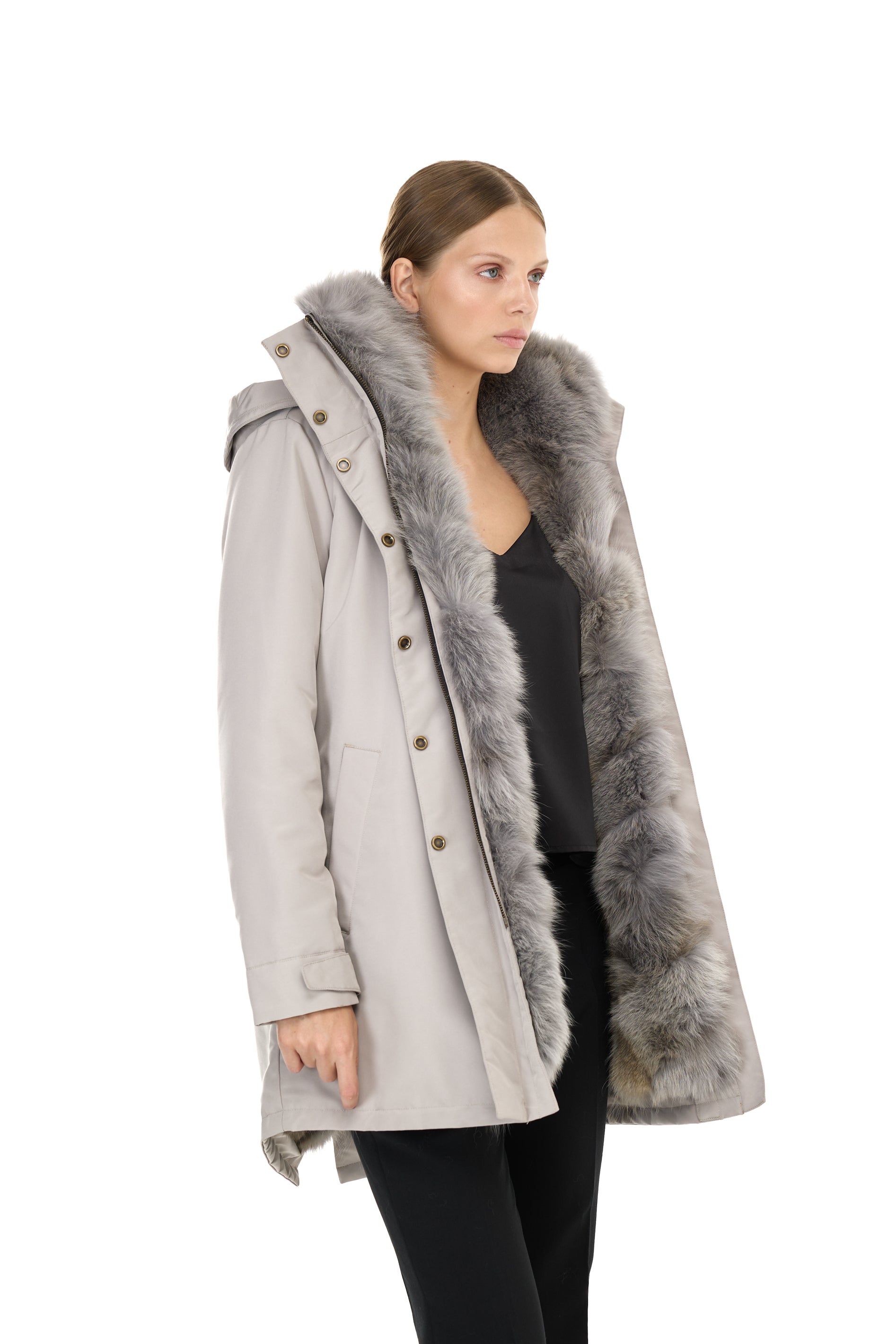 Parka Elegant Elephant Grey avec un col haut et un gilet en fourrure amovible