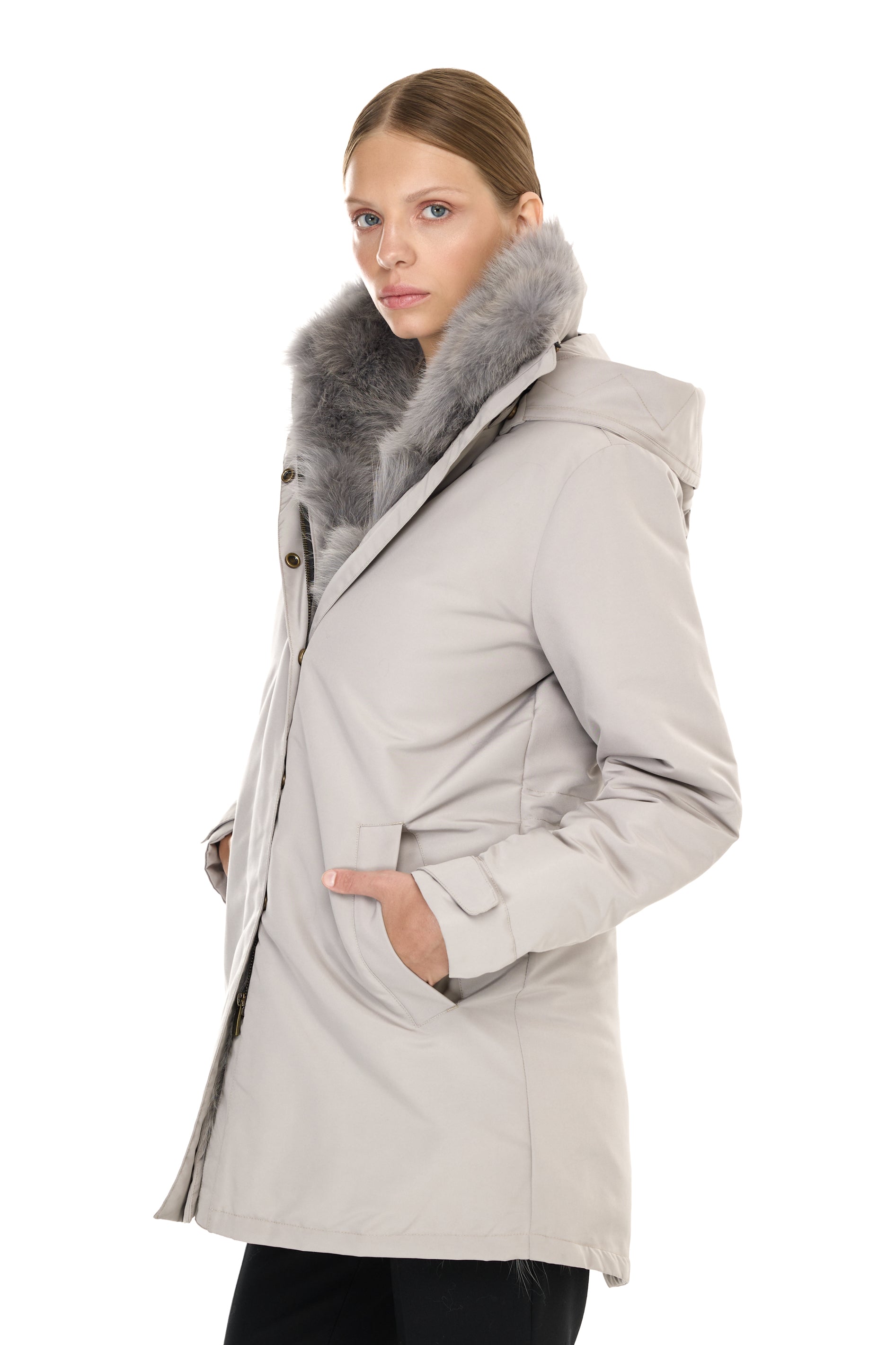 Parka Elegant Elephant Grey avec un col haut et un gilet en fourrure amovible