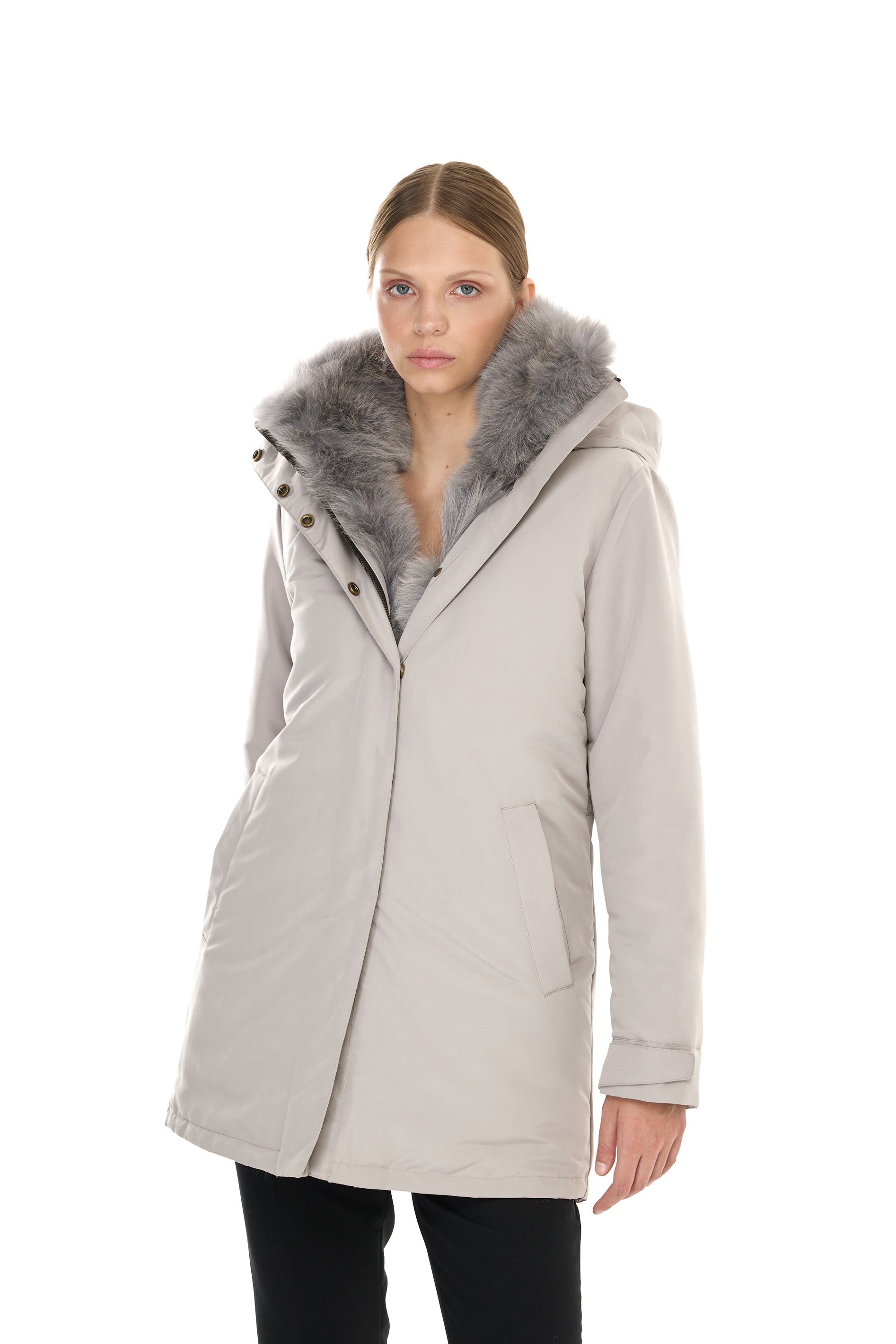 Parka Elegant Elephant Grey avec un col haut et un gilet en fourrure amovible