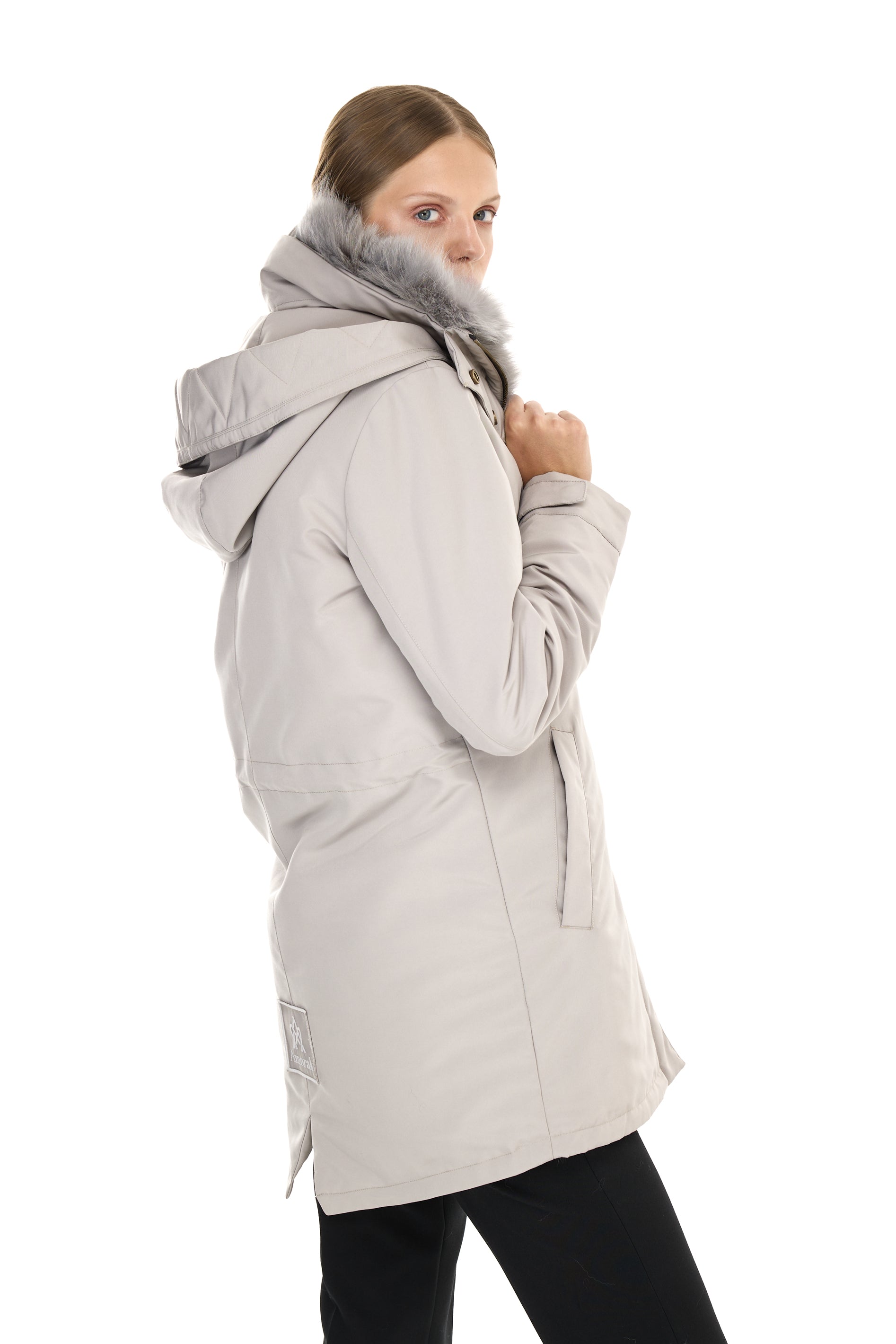 Parka Elegant Elephant Grey avec un col haut et un gilet en fourrure amovible