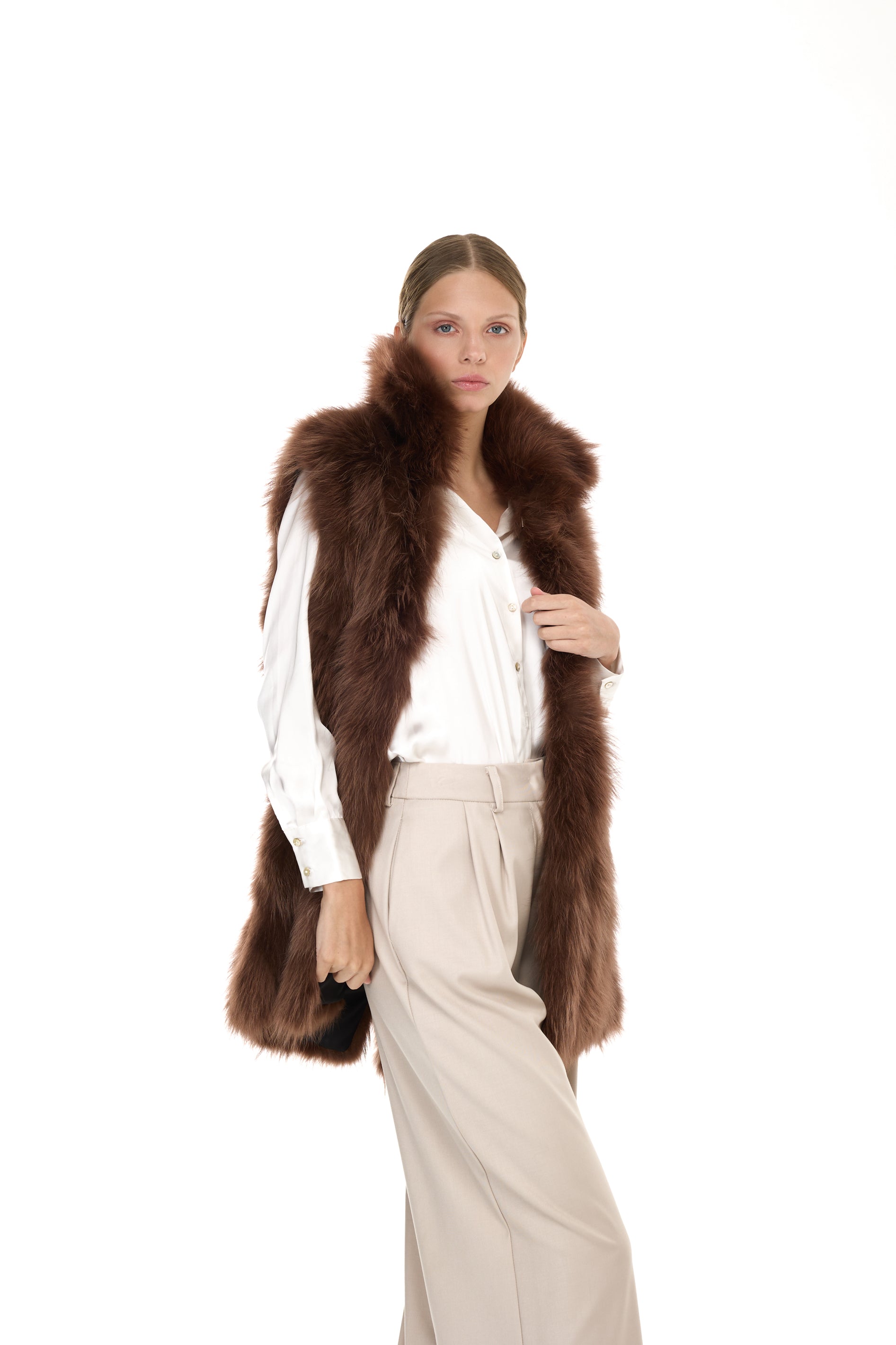Elegant Brown Parka with high neck and removable fur vest