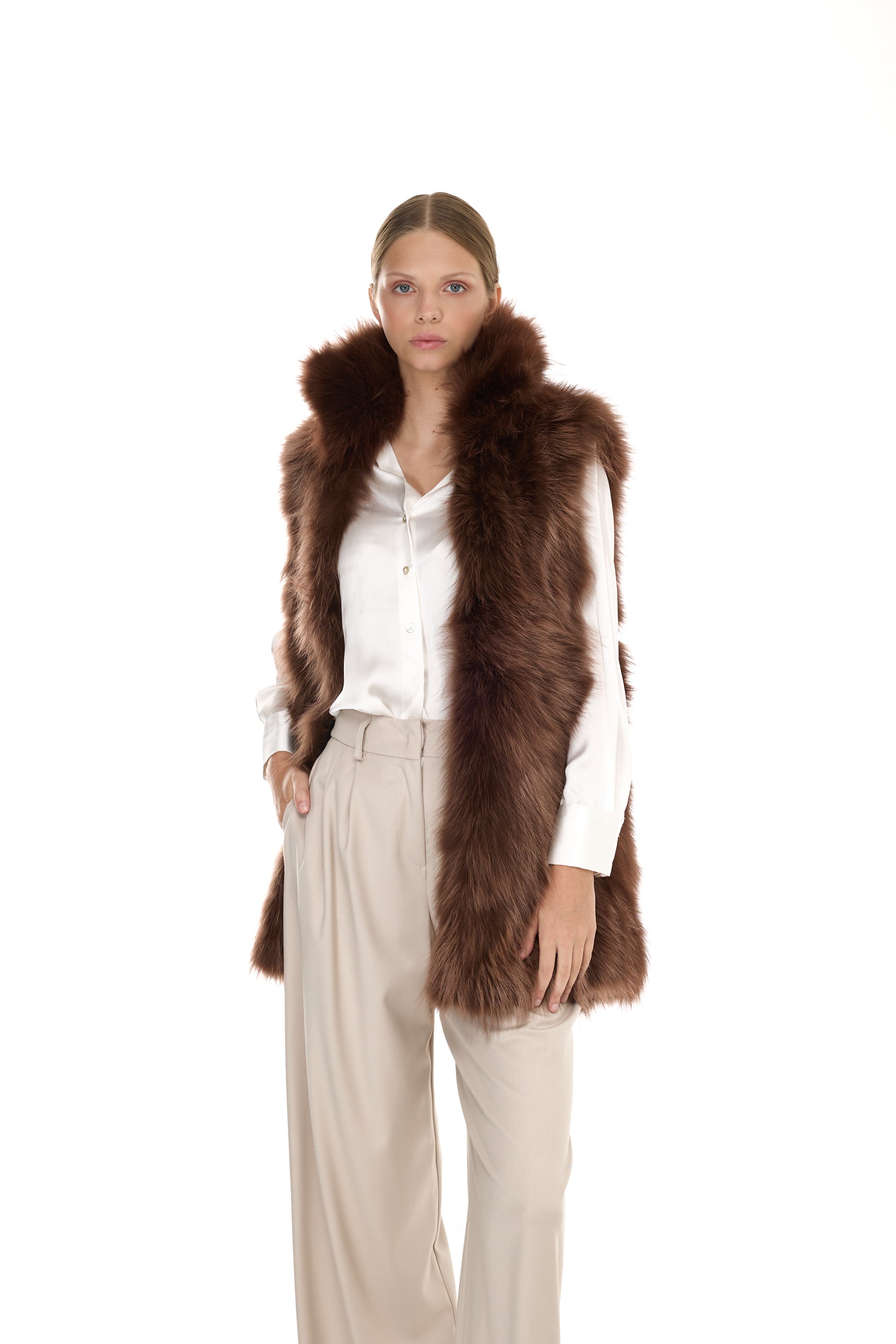 Elegant Brown Parka with high neck and removable fur vest