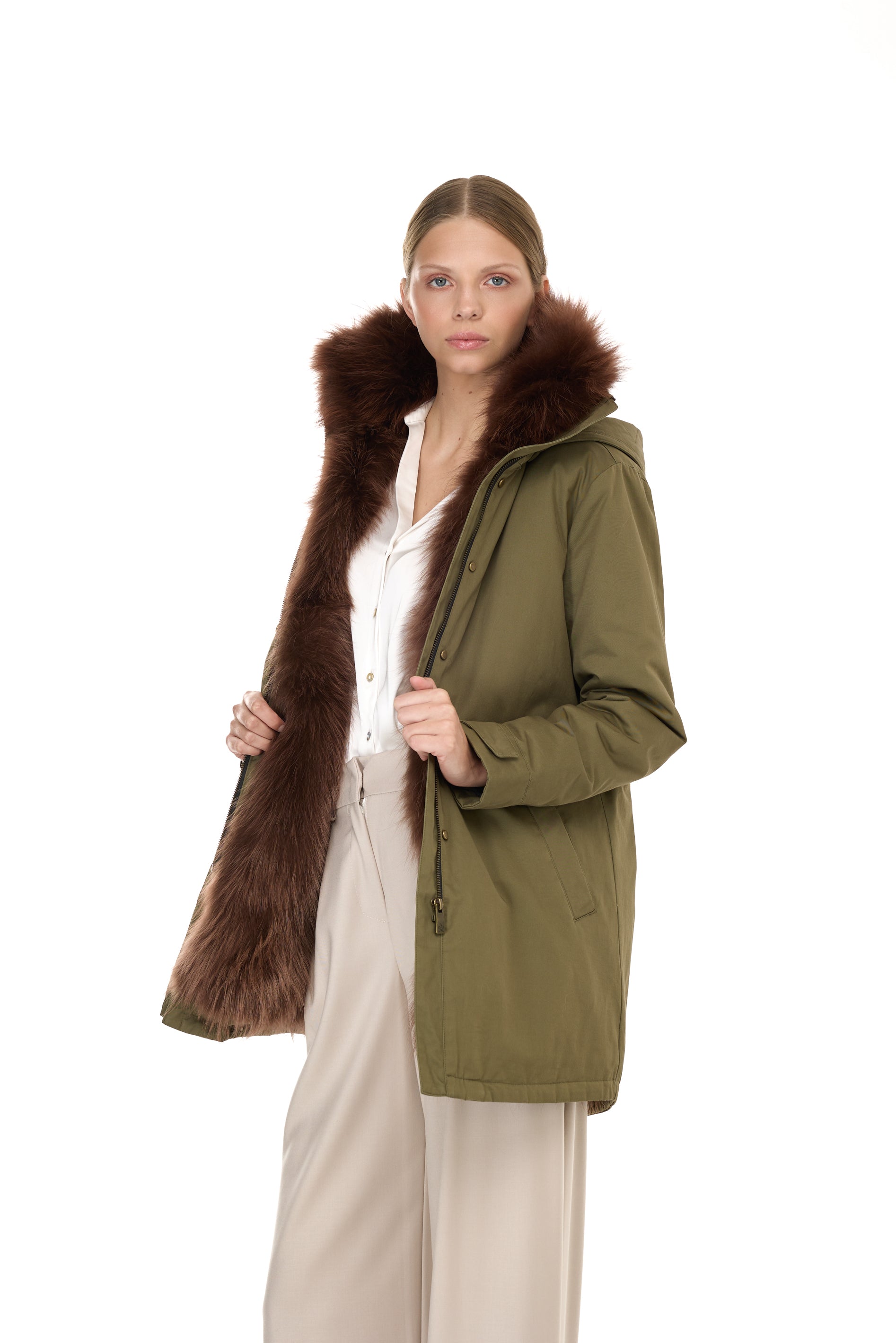 Elegant Brown Parka with high neck and removable fur vest