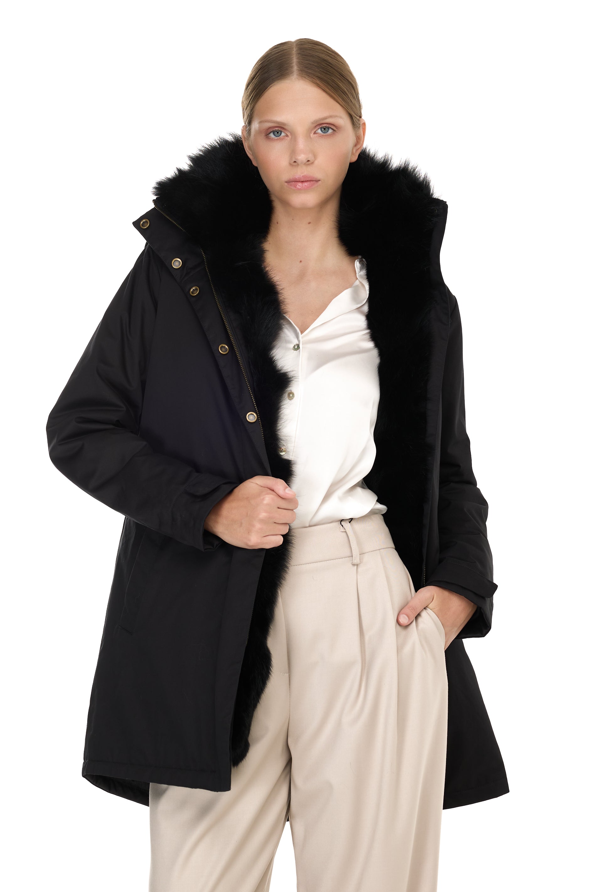 Parka Elegant BLACK con Collo Alto e Gilet in Volpe Rimovibile