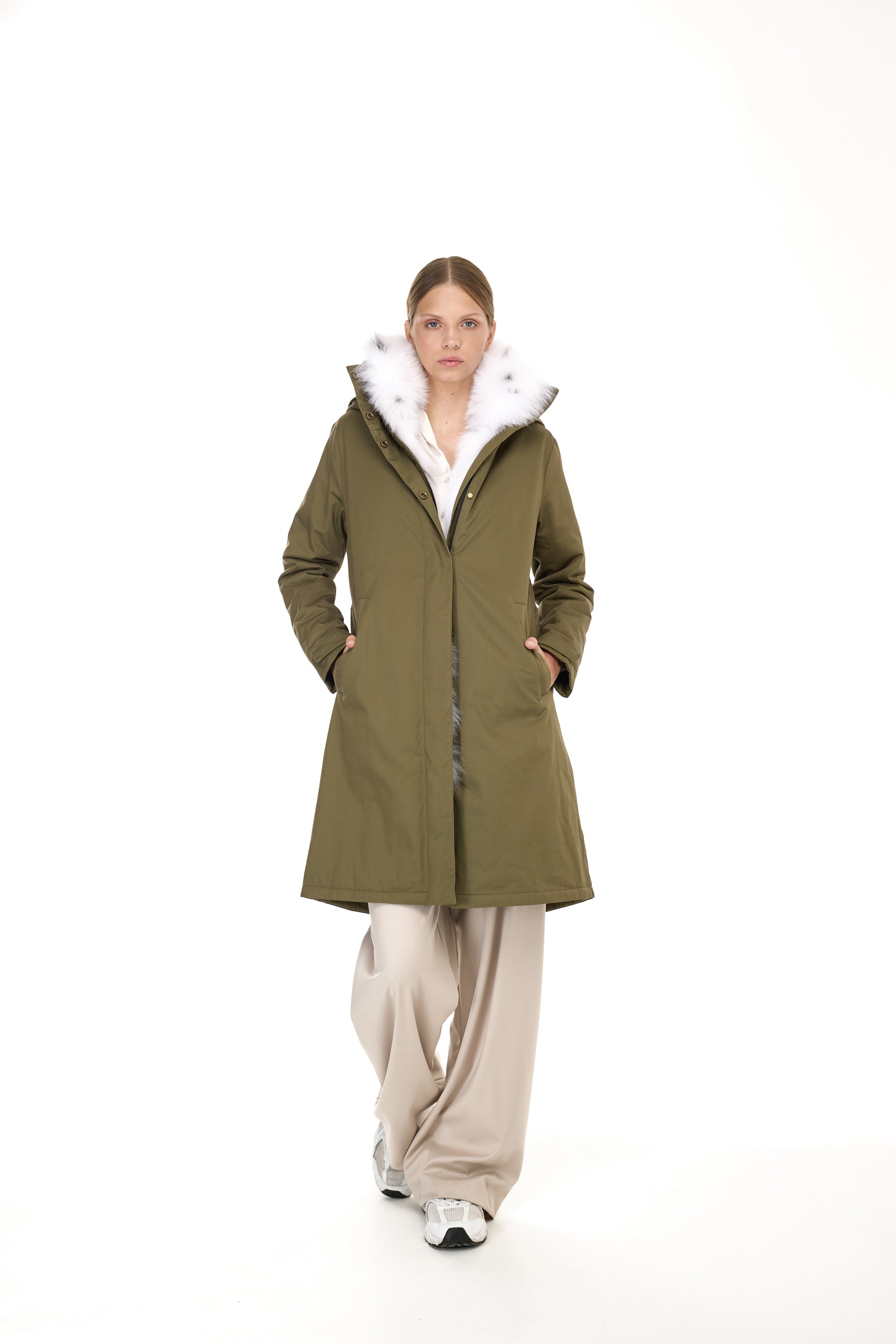 Parka X-Long Elegant Fox Linx with high collar and removable fox vest
