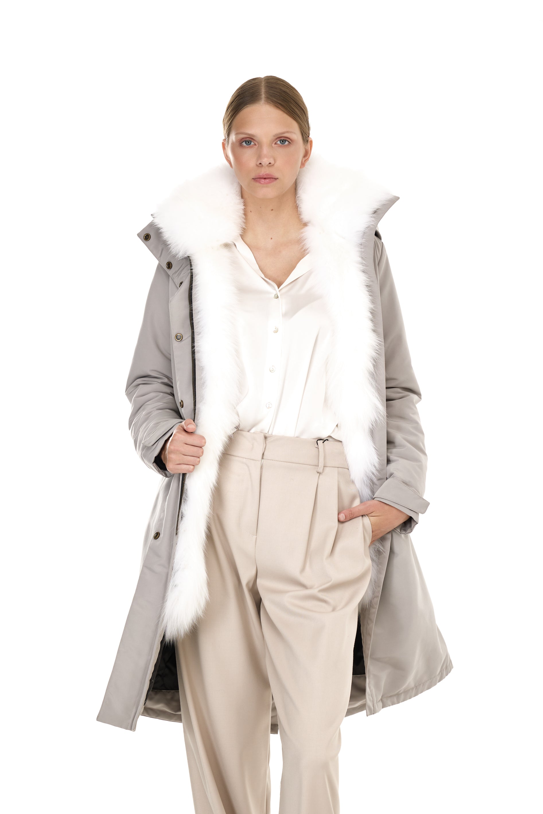 Parka X-Long Elegant White with high neck and removable fur vest