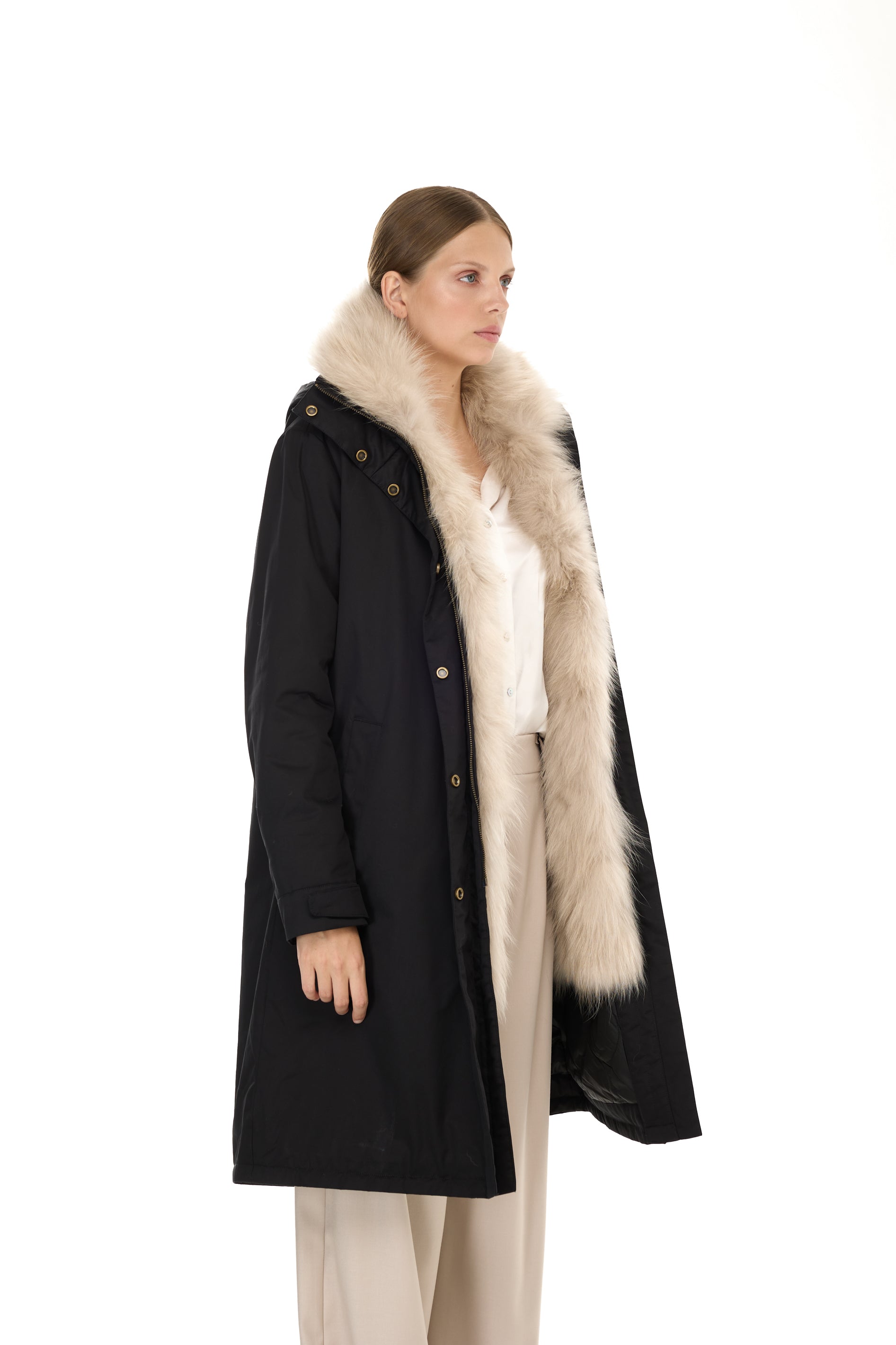 Park X-Long Elegant Beige with high neck and removable fur vest