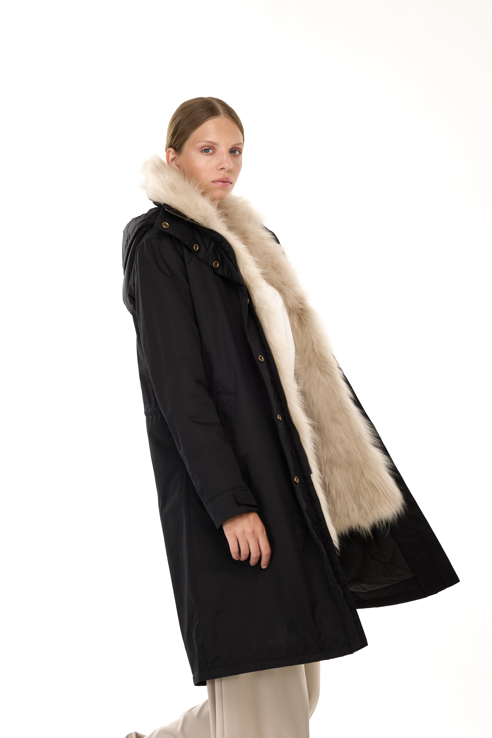 Park X-Long Elegant Beige with high neck and removable fur vest