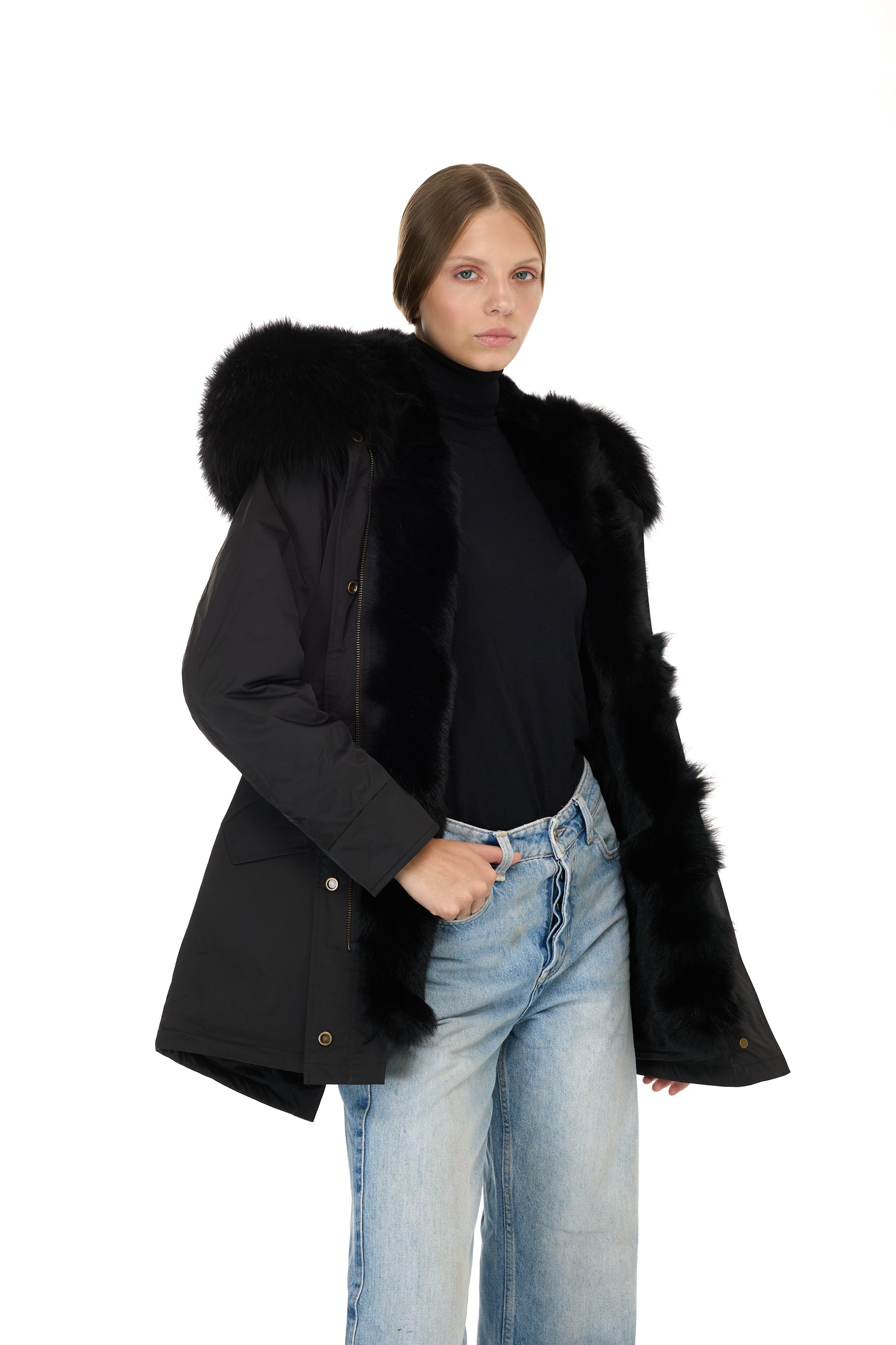 Parka long Urban Black in Misto Cotone Impermeabile con Gilet in Coyote