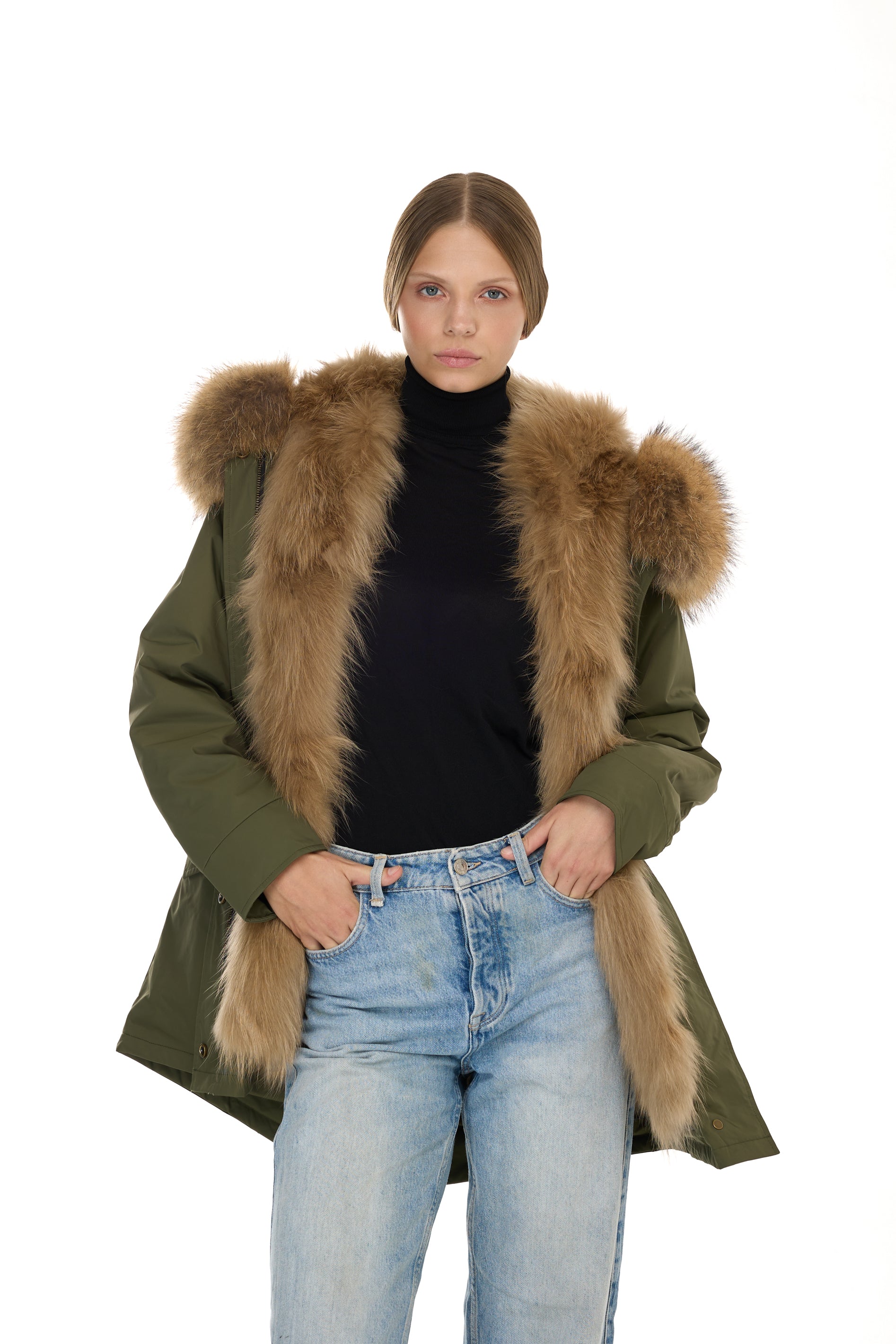 Parka long Urban Raccon in Misto Cotone Impermeabile con Gilet in raccon