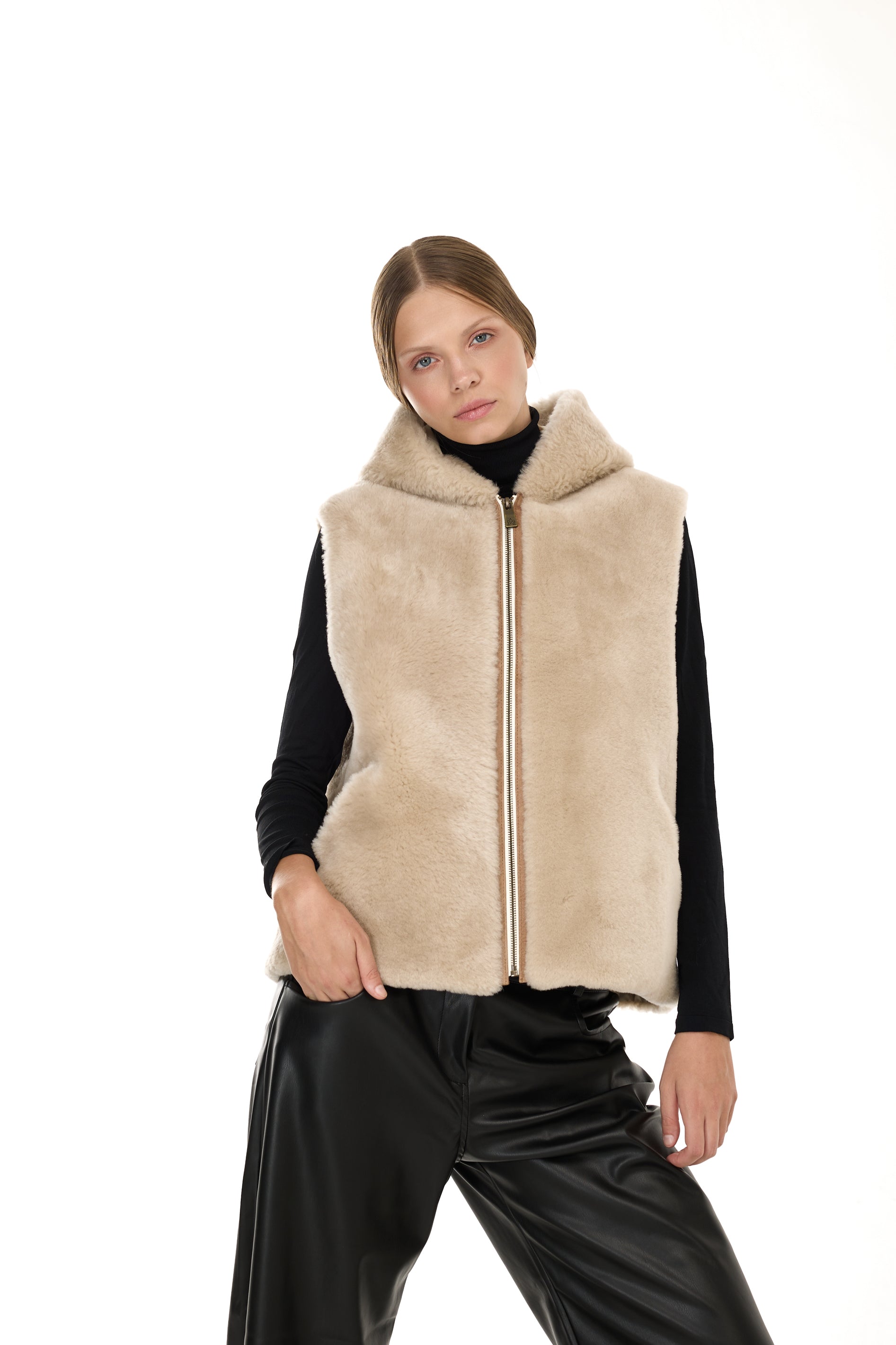 LAMBE BEIGE - Amorak Italie Vest à capuche dans Merino
