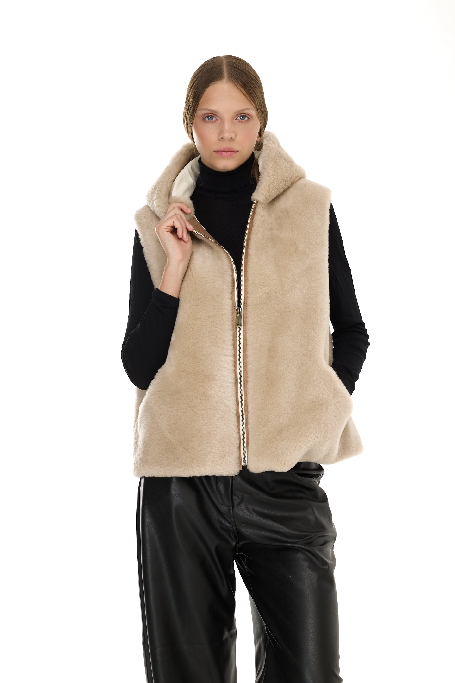 LAMBE BEIGE - Amorak Italie Vest à capuche dans Merino