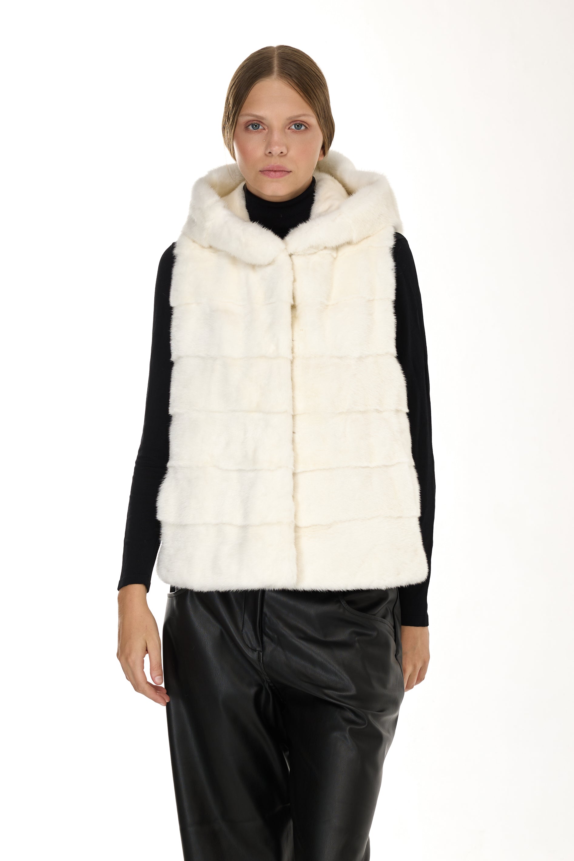 Gilet à capuche de vison - blanc naturel
