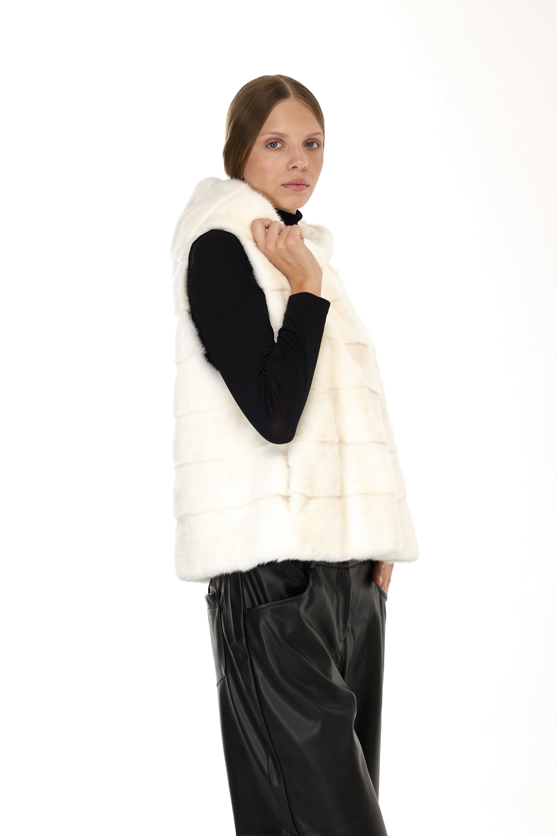 Gilet à capuche de vison - blanc naturel
