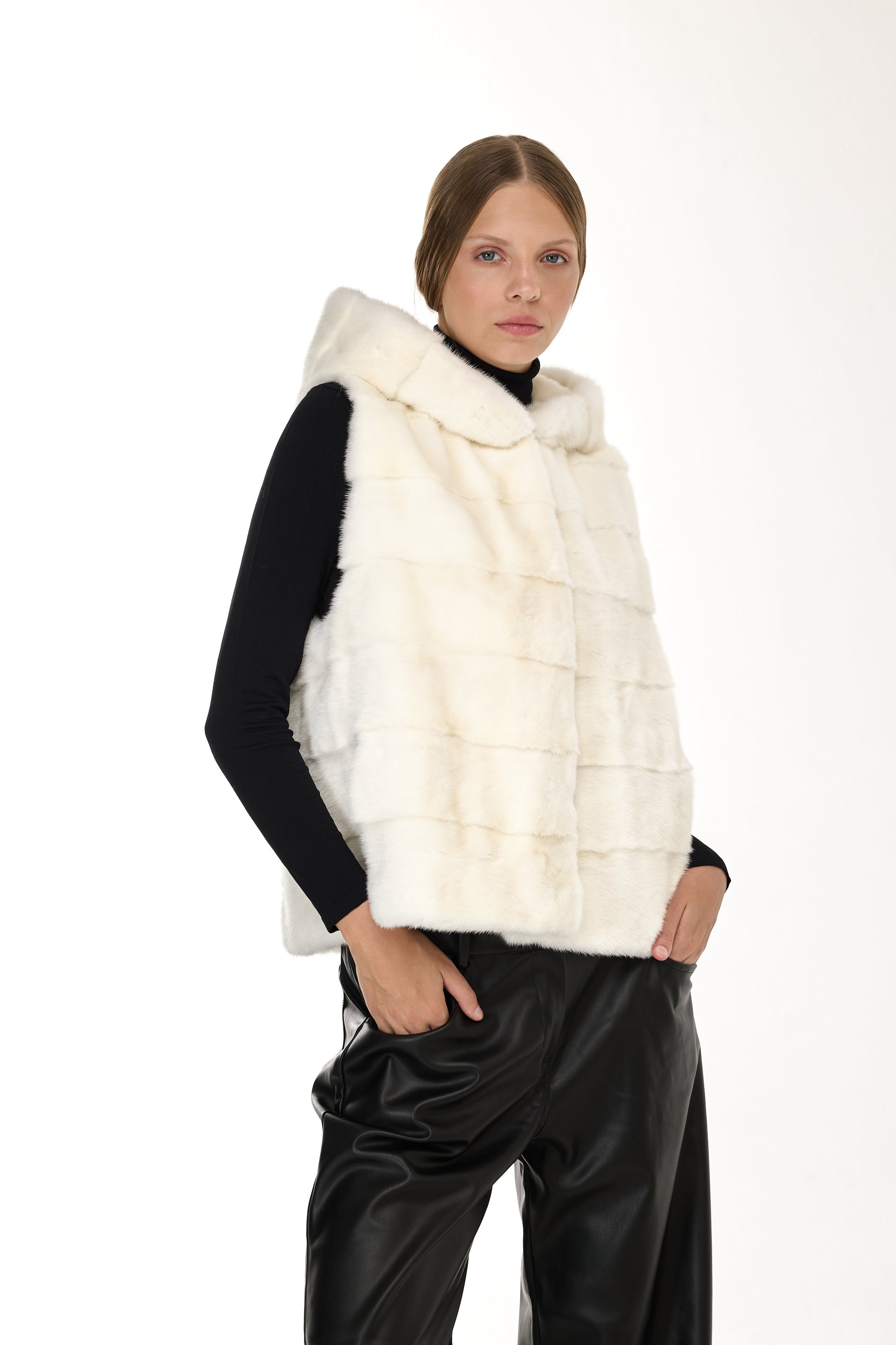 Gilet à capuche de vison - blanc naturel