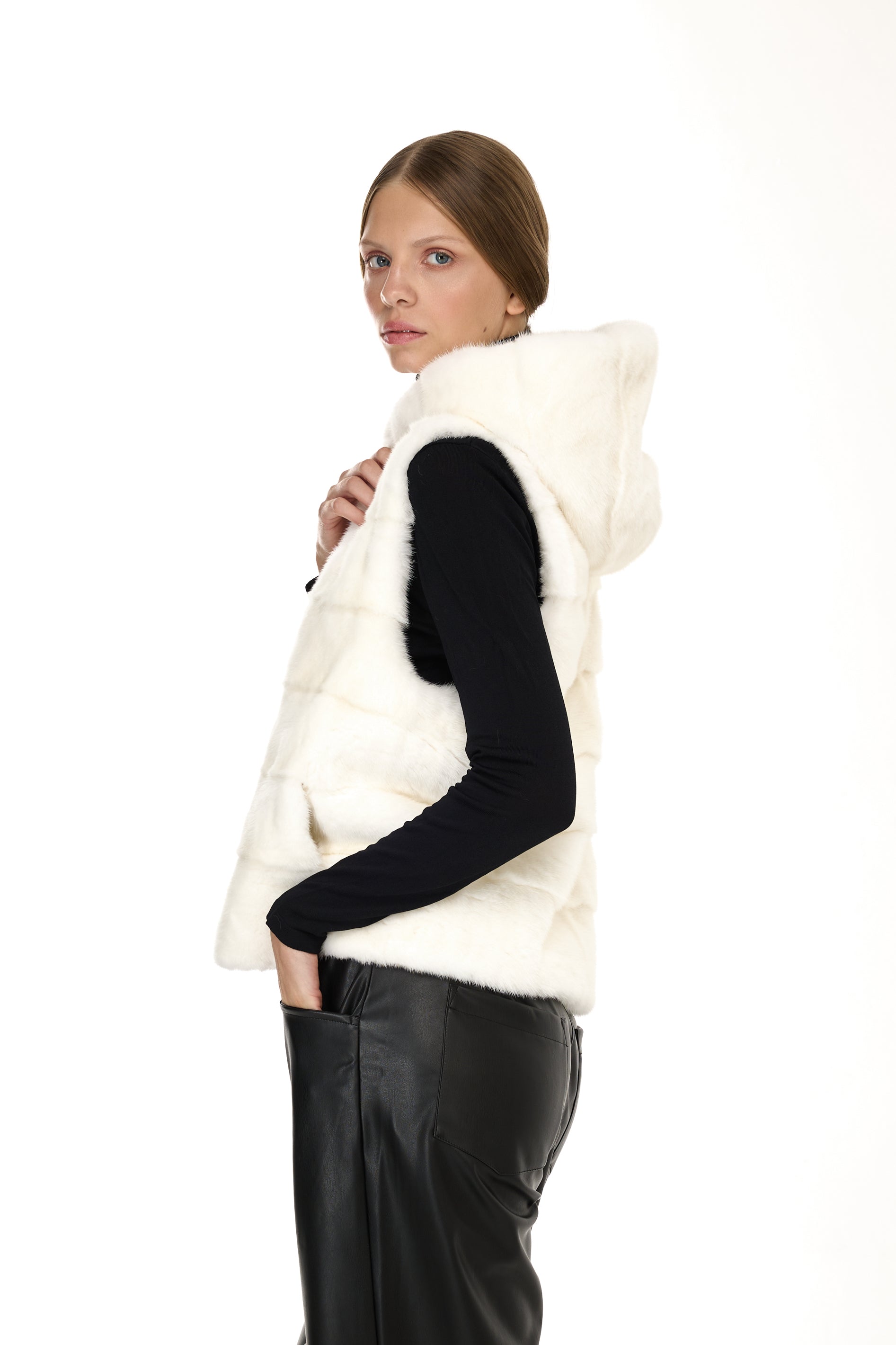 Gilet à capuche de vison - blanc naturel