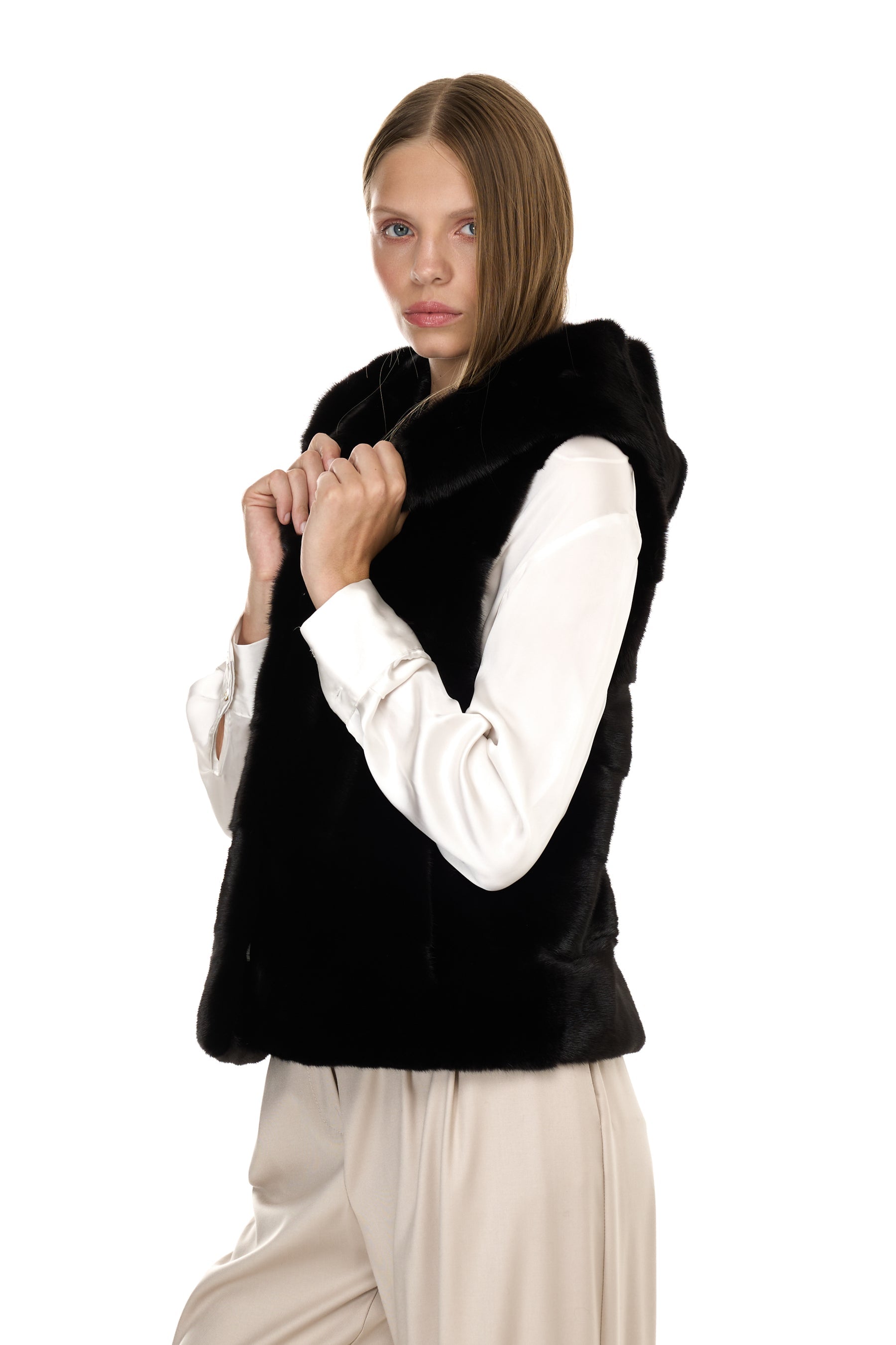 Gilet à capuche de vison - noir