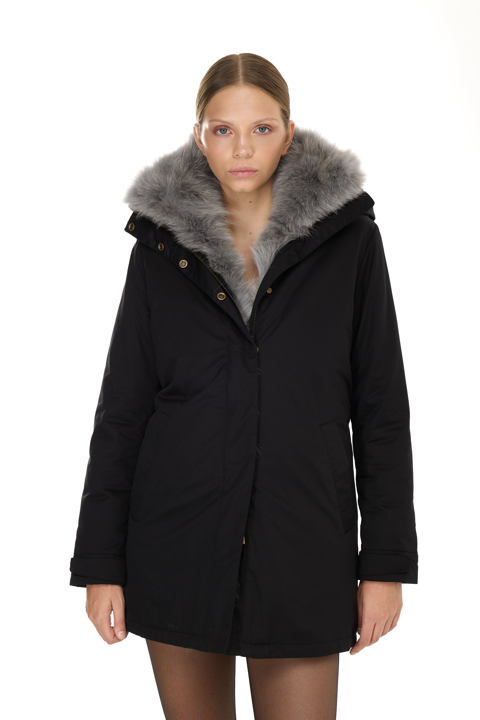 Parka Elegant Elephant Grey avec un col haut et un gilet en fourrure amovible
