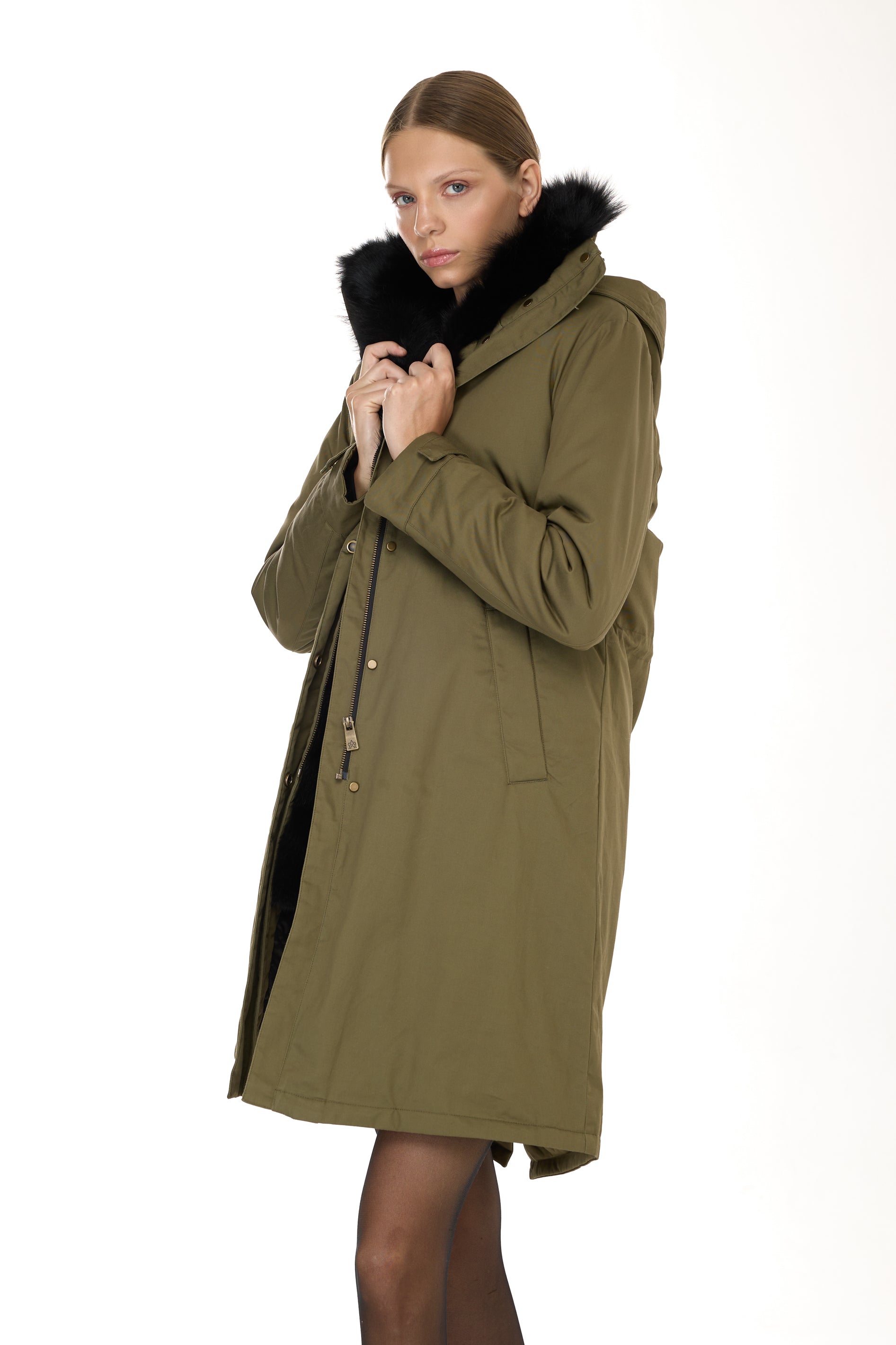 Park X-Long Elegant Black with high collar and removable fur vest