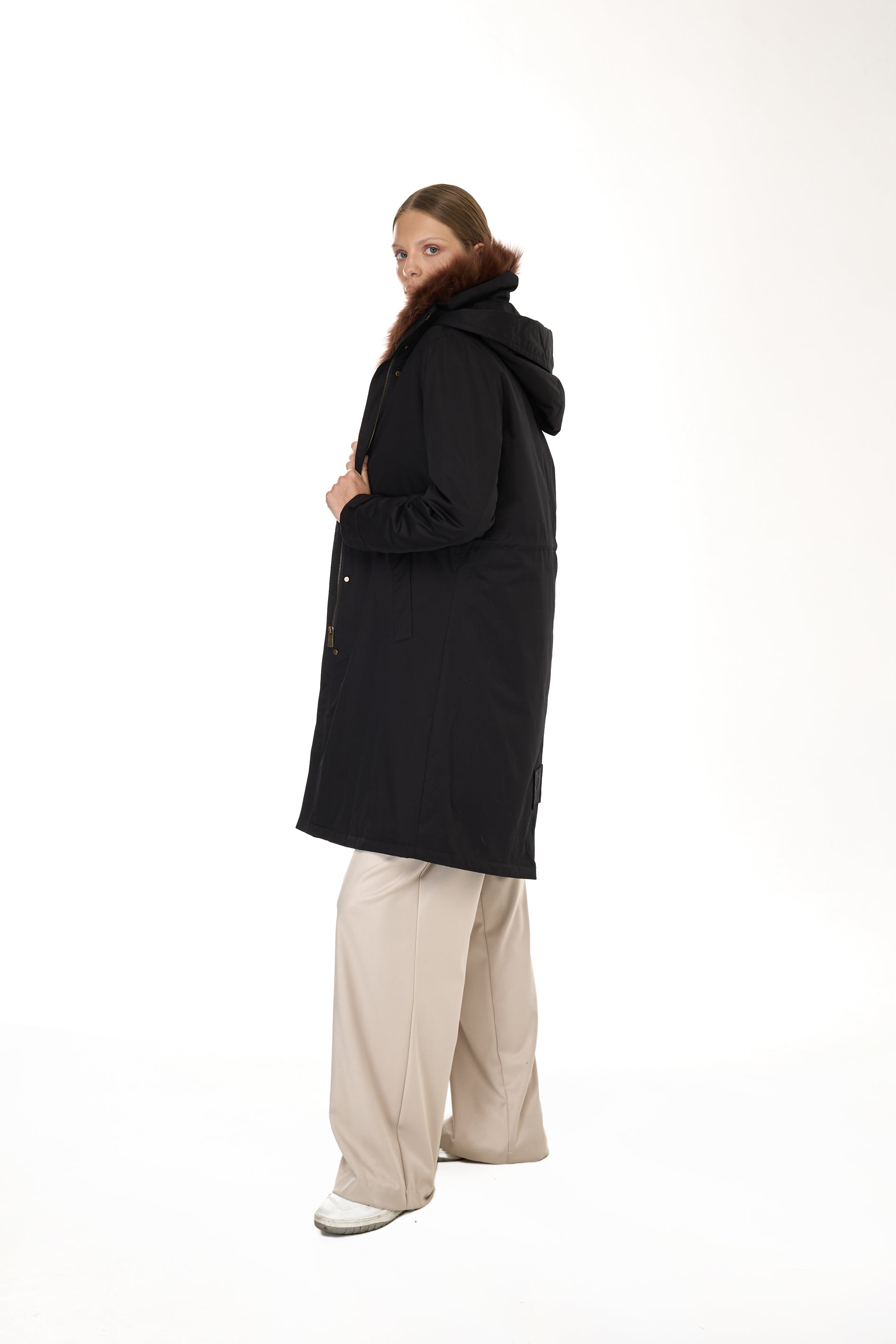 Park X-Long Elegant Braun mit hohem Hals und abnehmbarer Pelzweste
