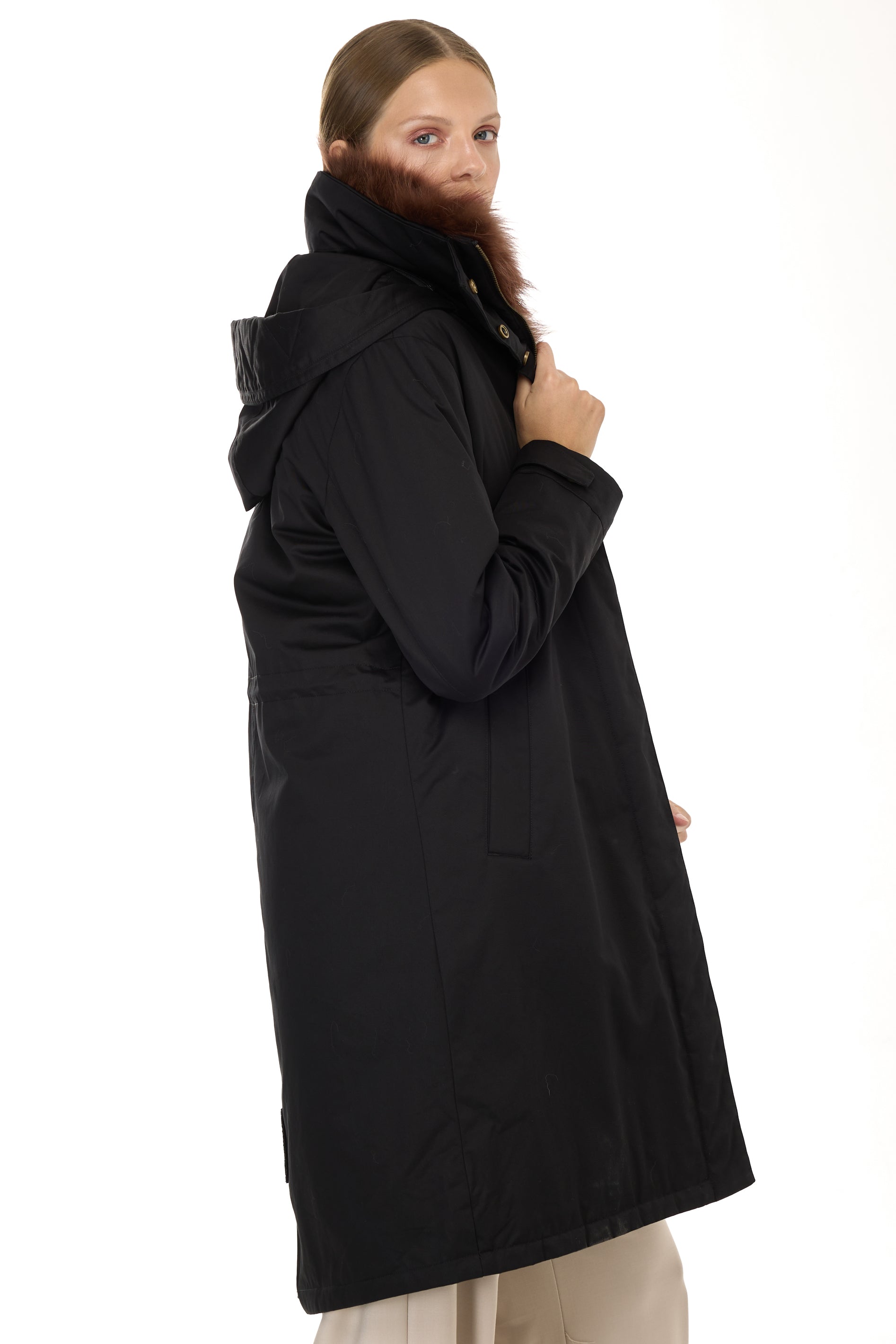 Park X-Long Elegant Braun mit hohem Hals und abnehmbarer Pelzweste