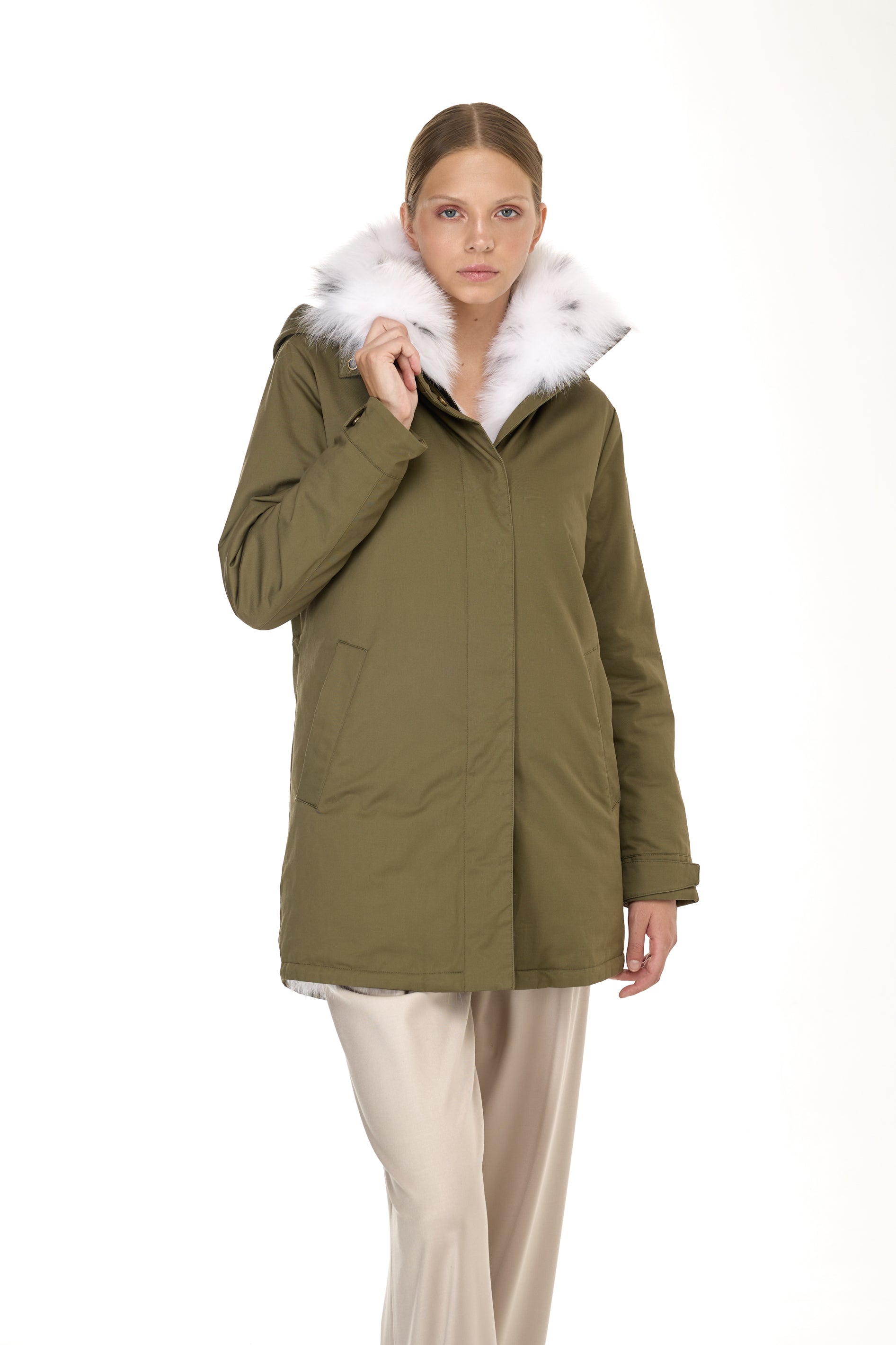 Parka Elegant Fox Linx with high collar and removable fox vest