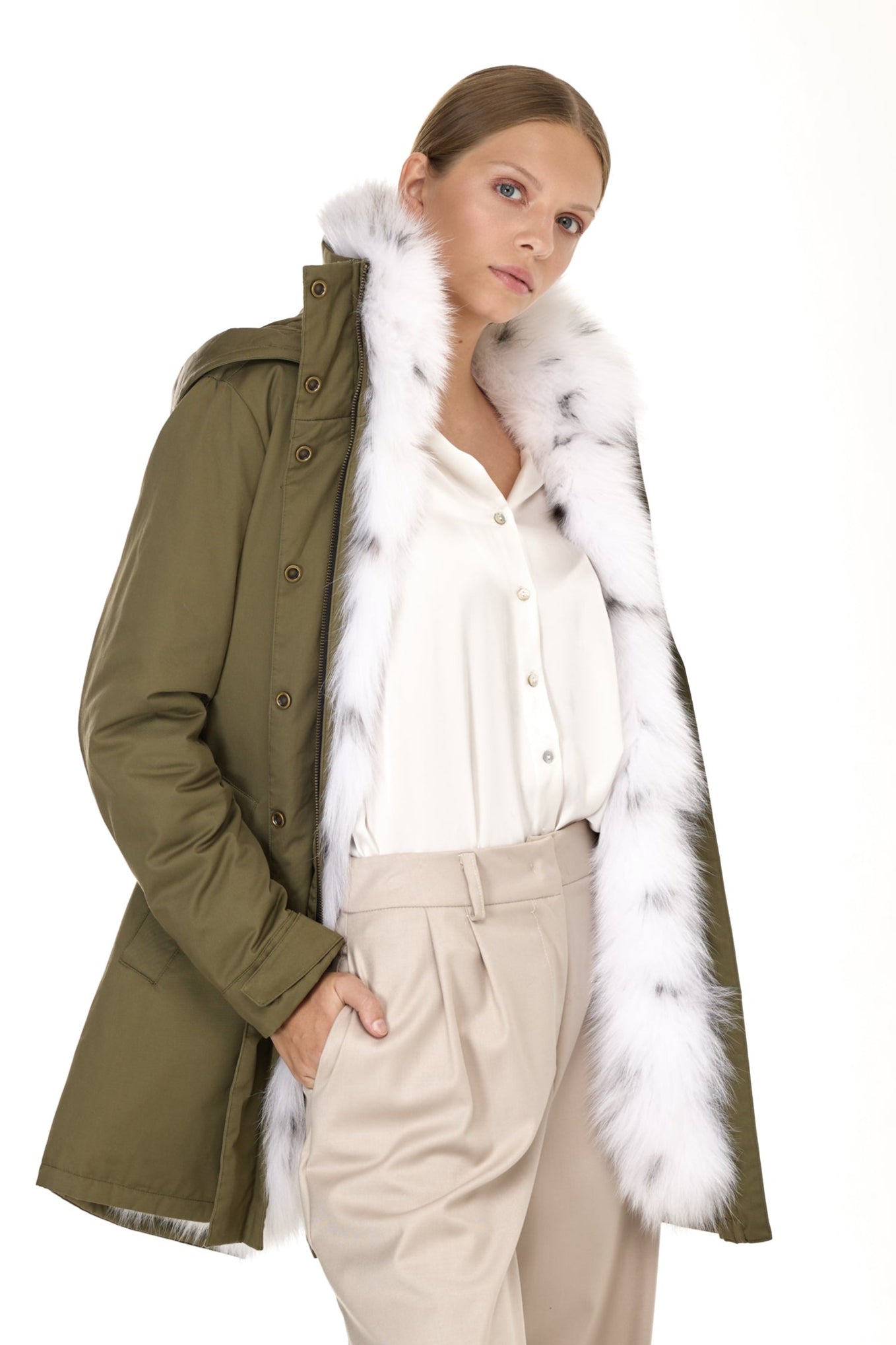 Parka Elegant Fox Linx with high collar and removable fox vest
