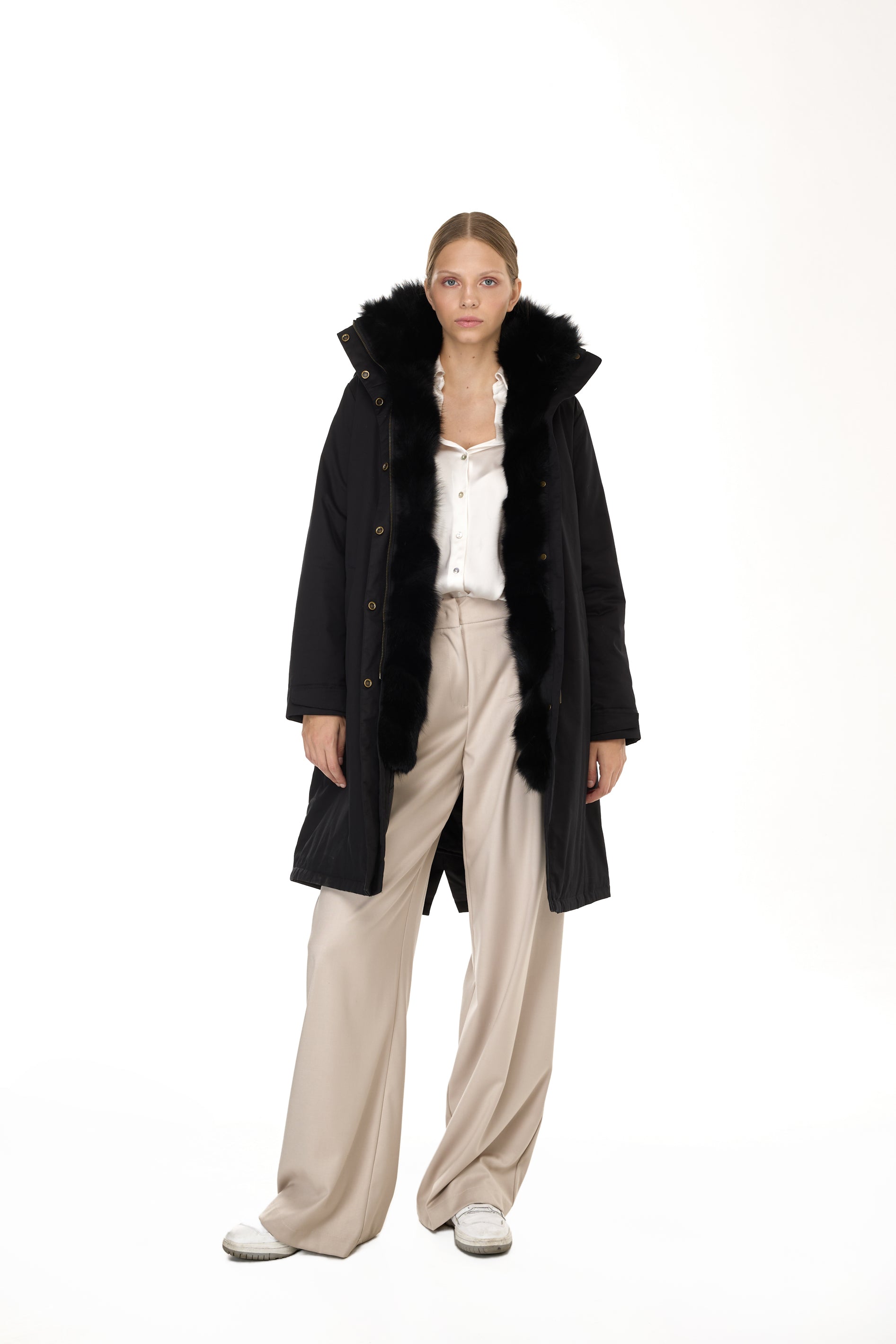 Park X-Long Elegant Black with high collar and removable fur vest