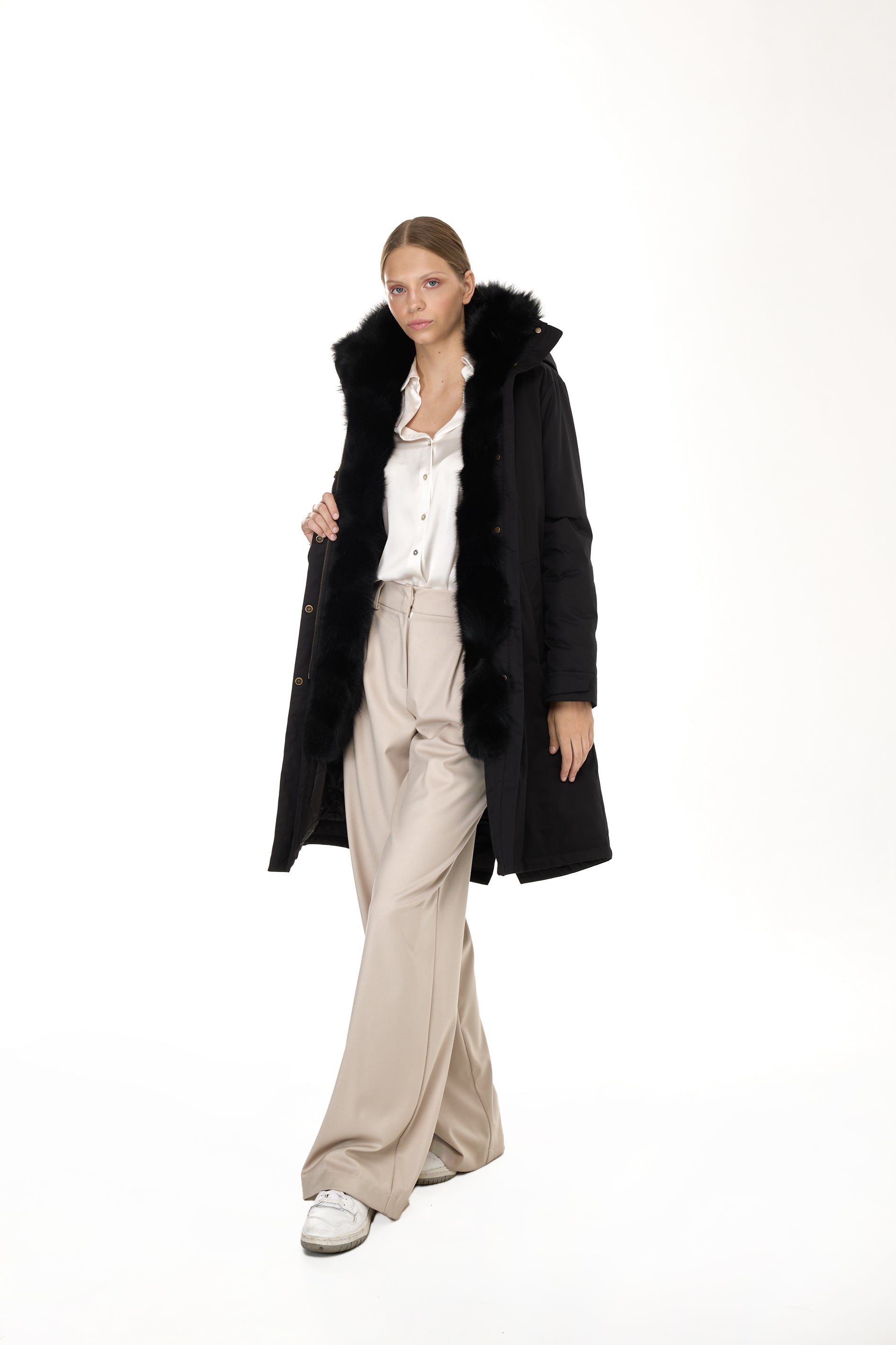 Park X-Long Elegant Black with high collar and removable fur vest