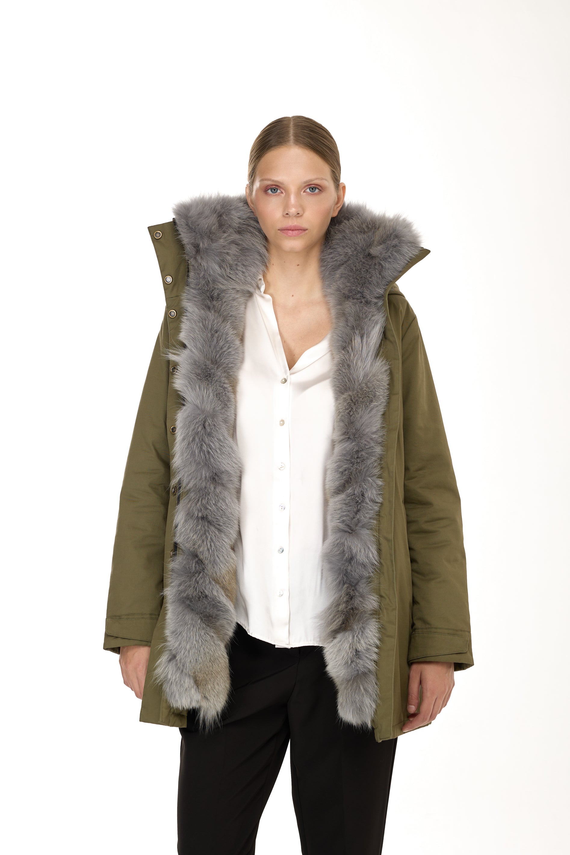Parka Elegant Elephant Grey avec un col haut et un gilet en fourrure amovible