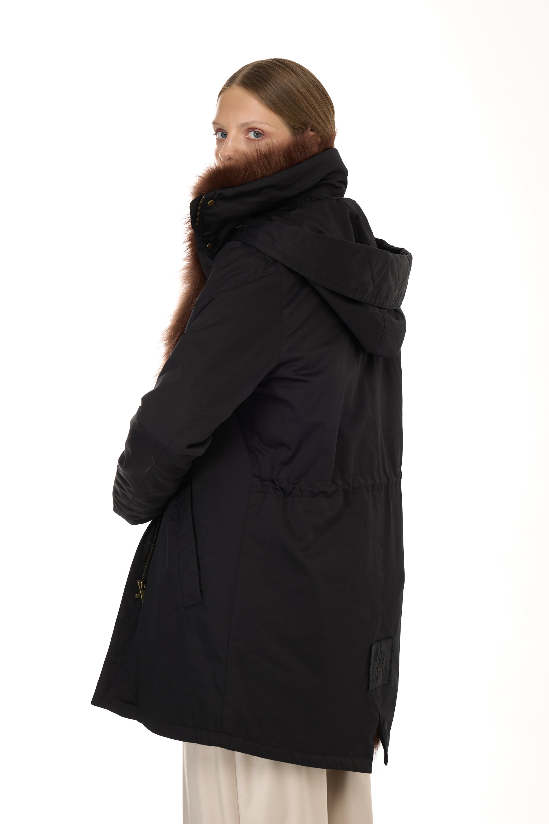 Elegant Brown Parka with high neck and removable fur vest
