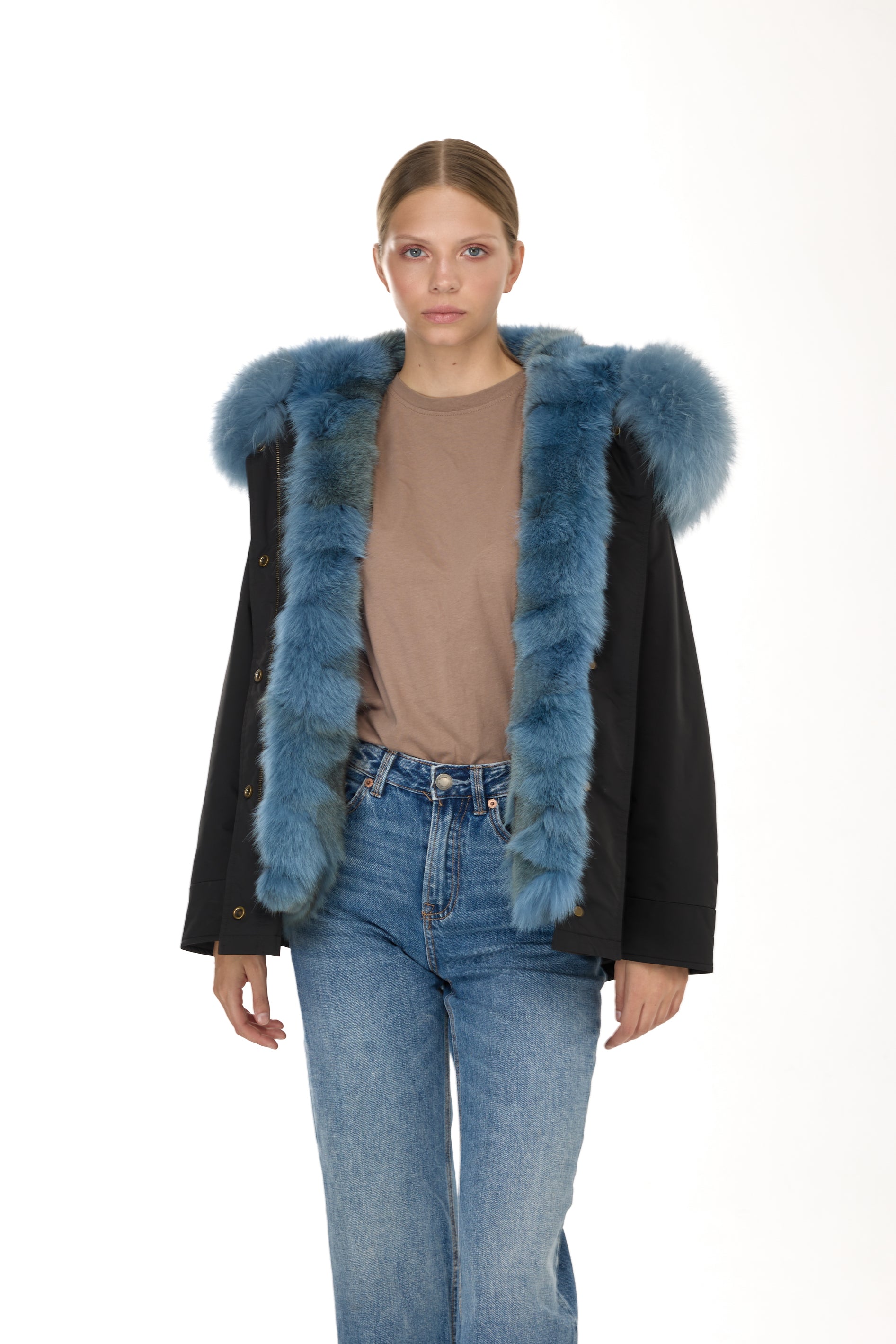 Parka short Urban GREYISH BLU in Misto Cotone Impermeabile con Gilet in coyote