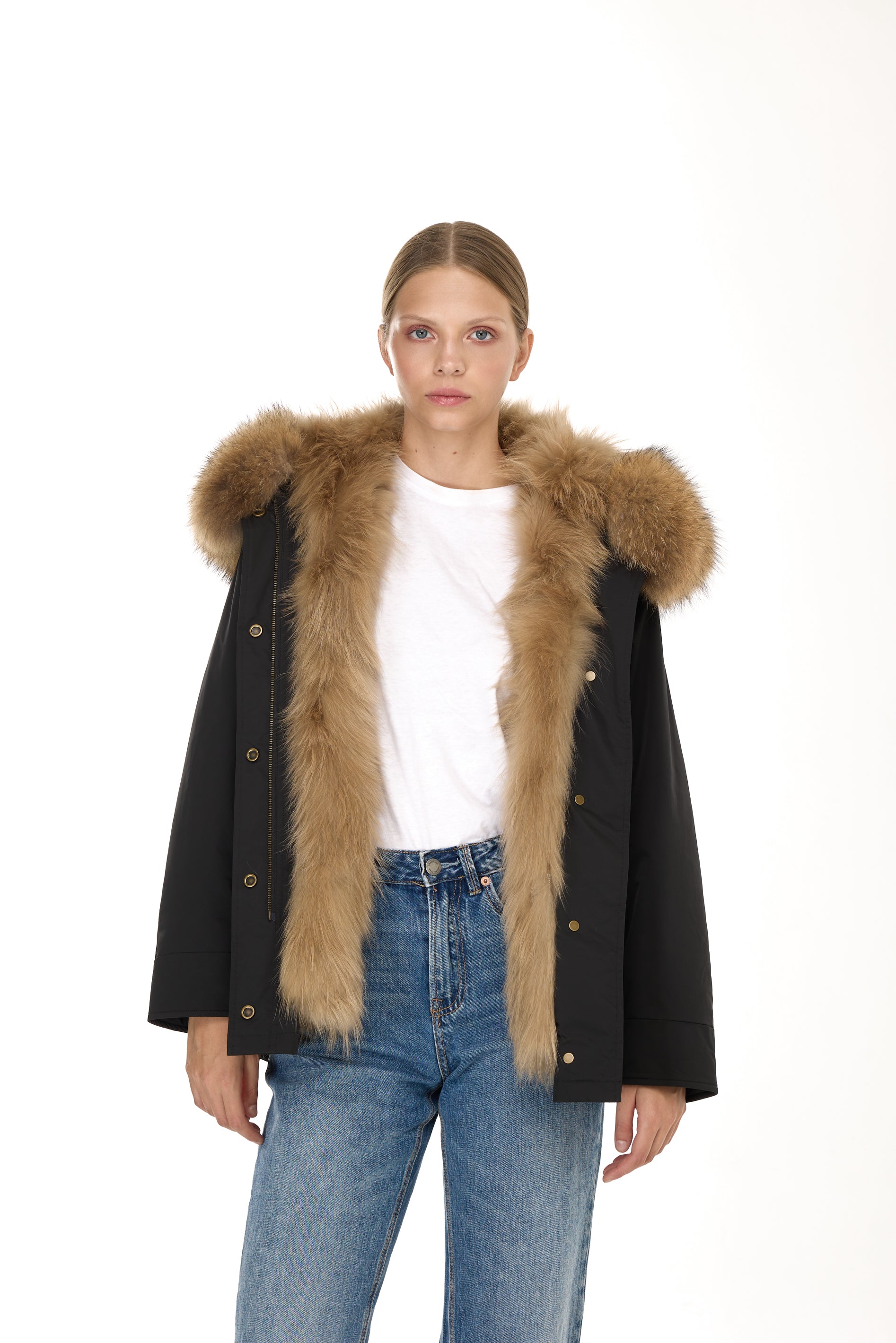 Parka short Urban Raccon in Misto Cotone Impermeabile con Gilet in raccon