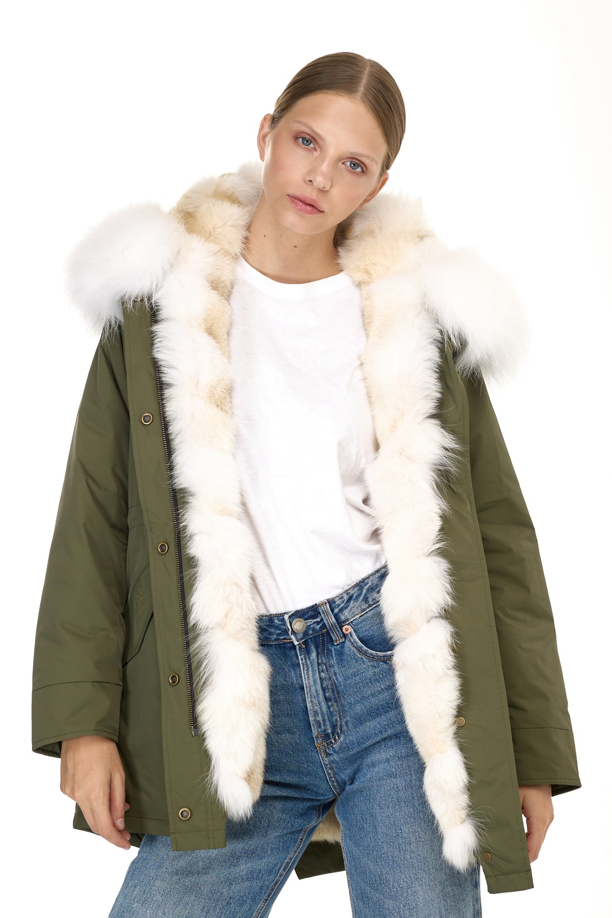 Park Long Urban White en coton imperméable mélangé à un gilet de coyote