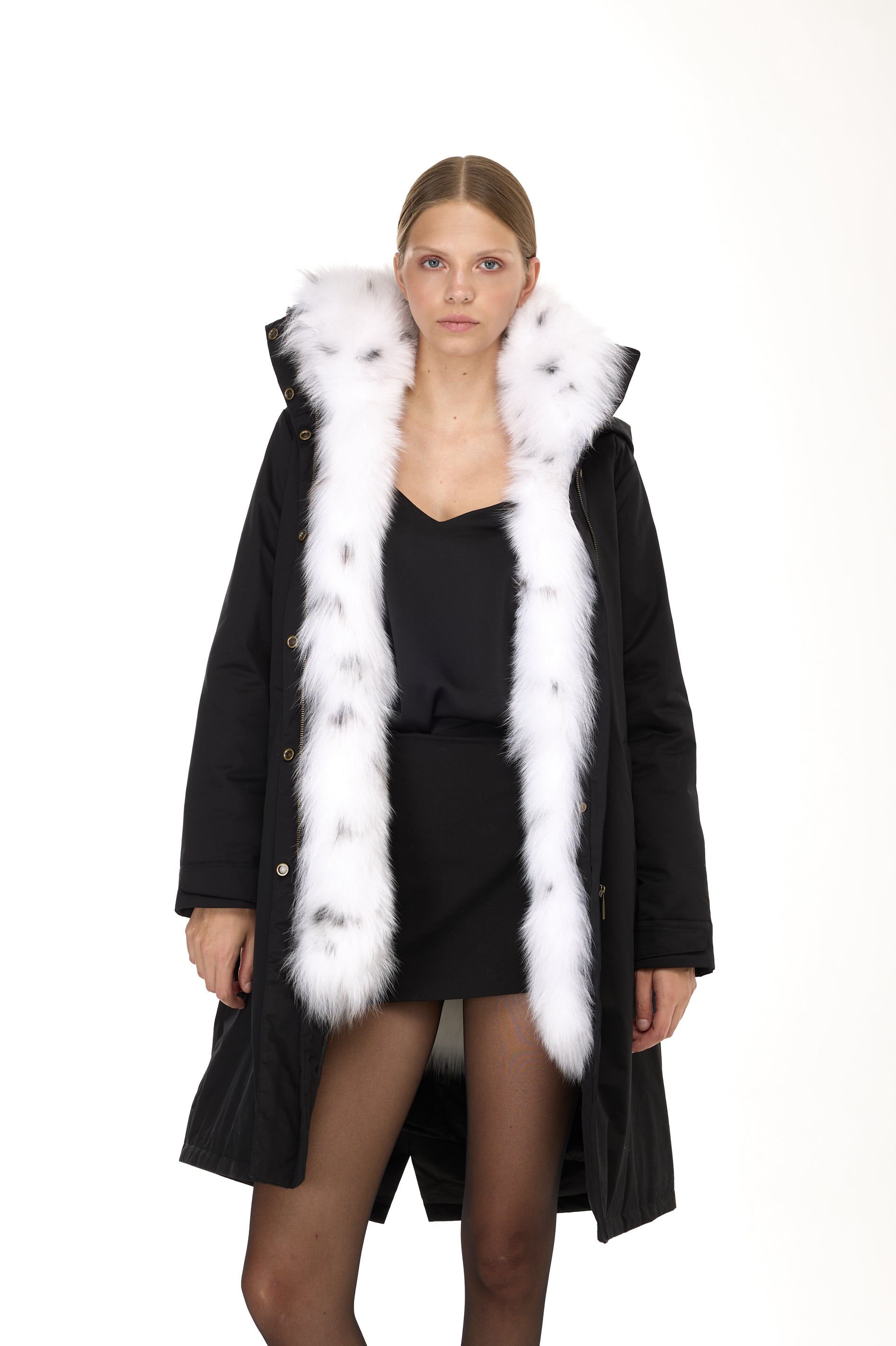 Parka X-Long Elegant Fox Linx with high collar and removable fox vest