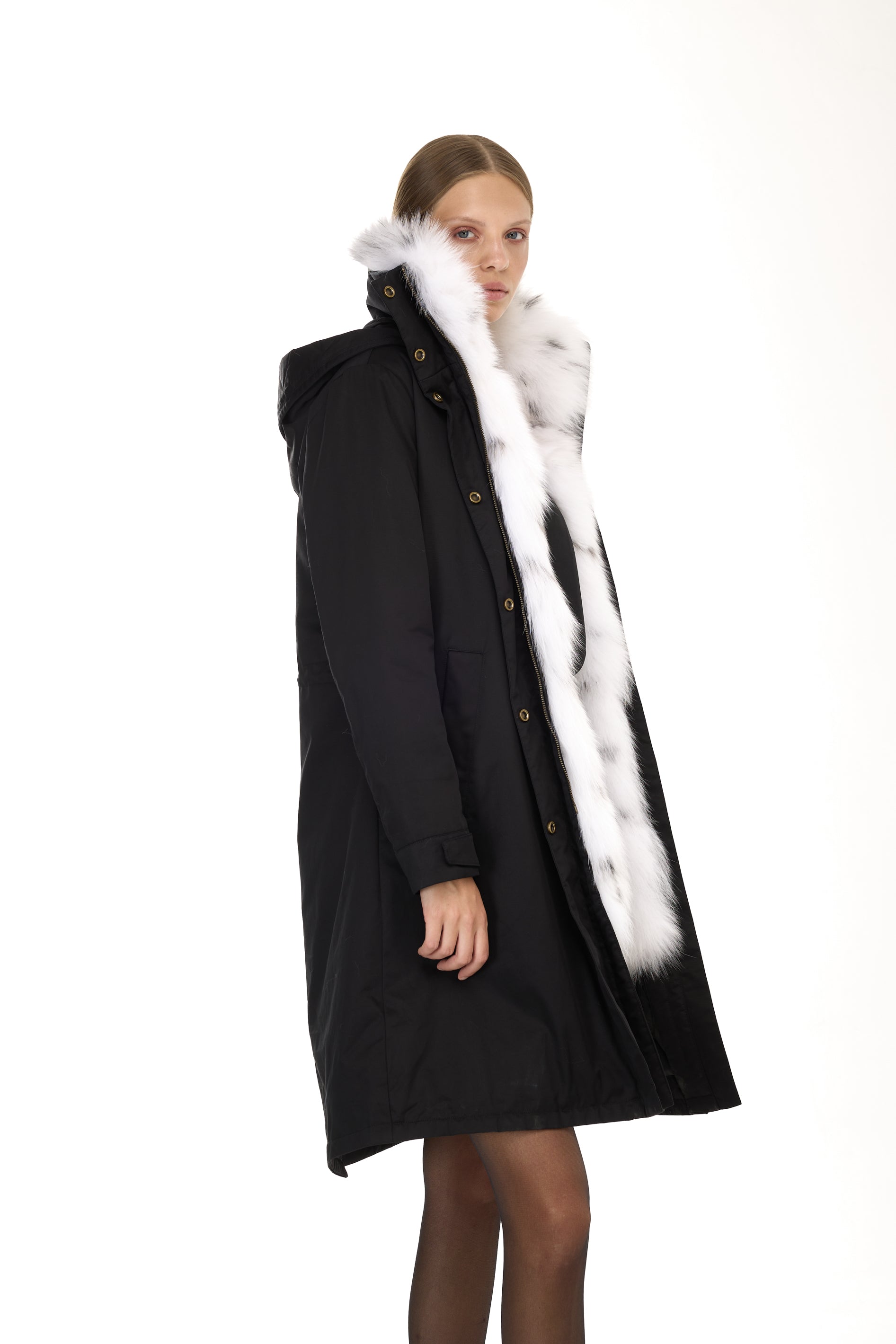 Parka X-Long Elegant Fox Linx with high collar and removable fox vest