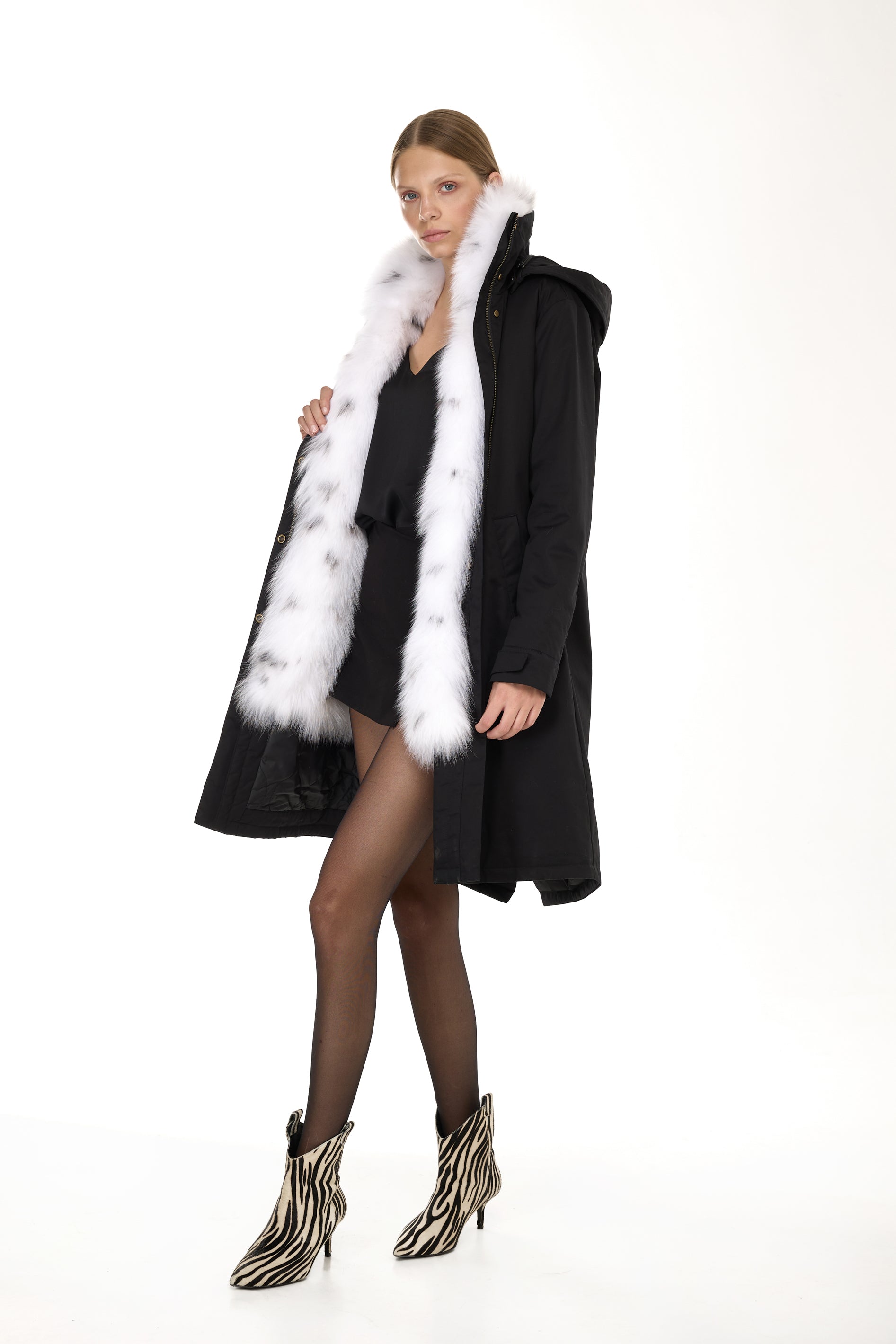Parka X-Long Elegant Fox Linx with high collar and removable fox vest