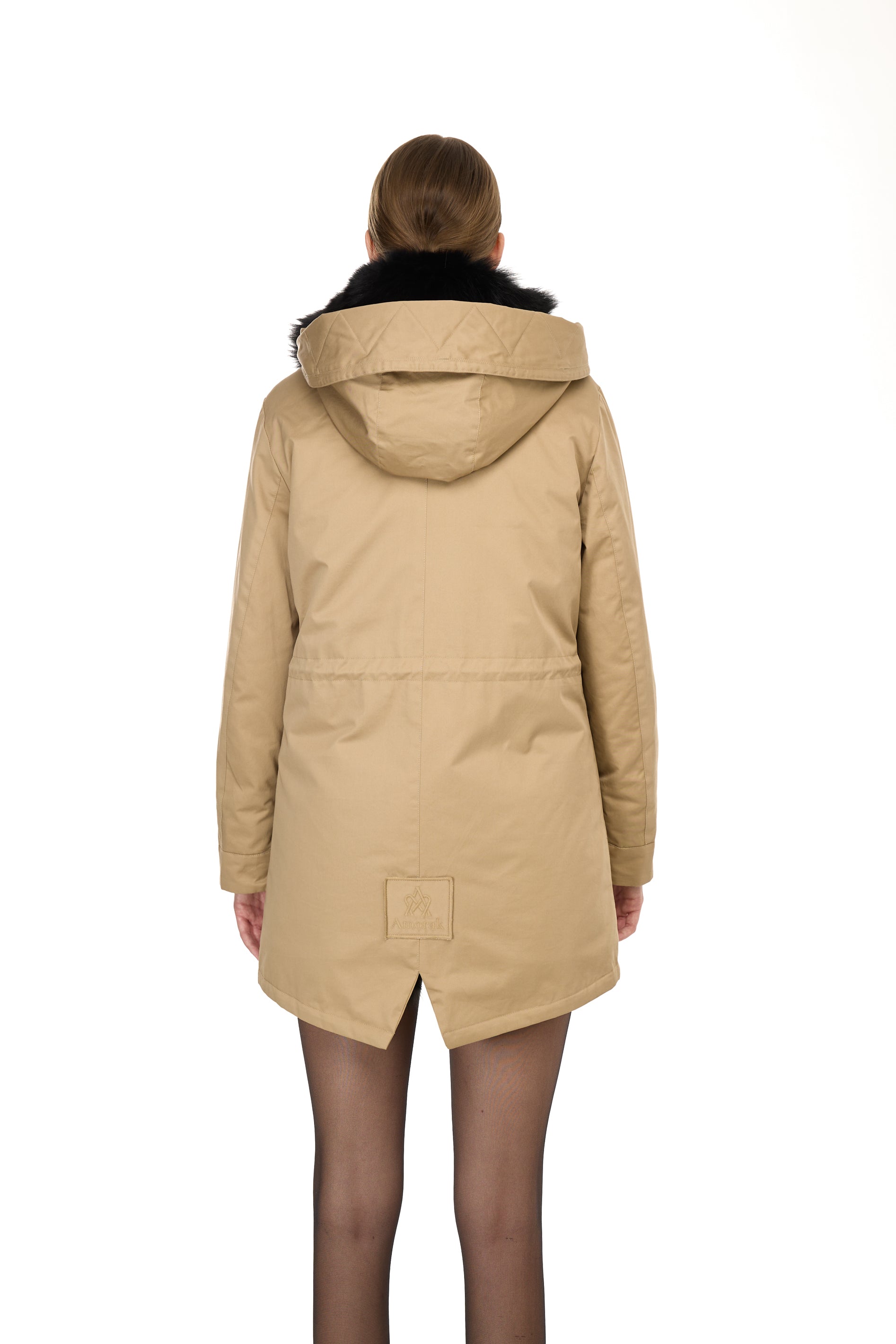 Elegant Black Parka with high collar and removable fox vest