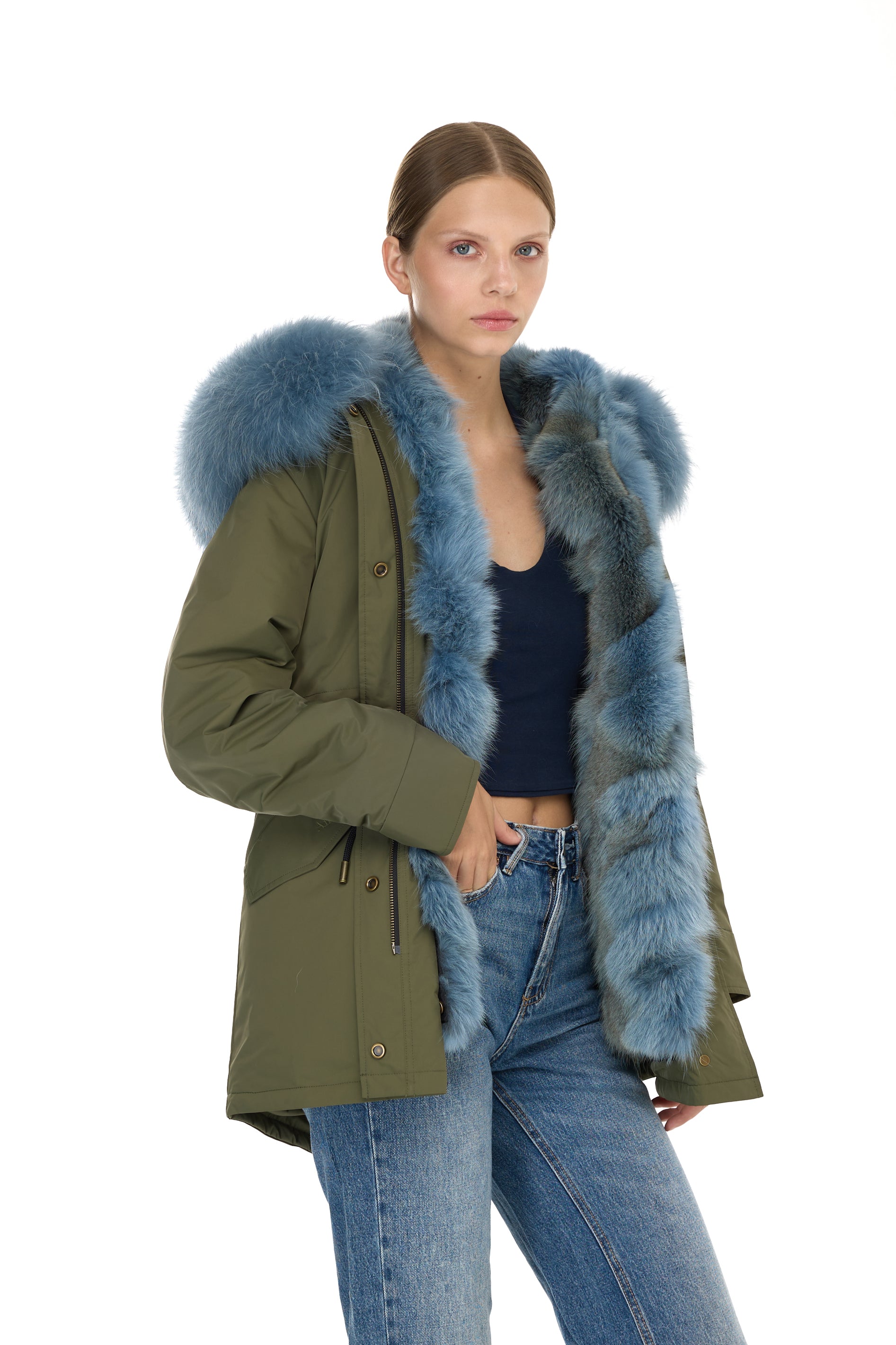 Parka long Urban GREYISH BLU in Misto Cotone Impermeabile con Gilet in Coyote