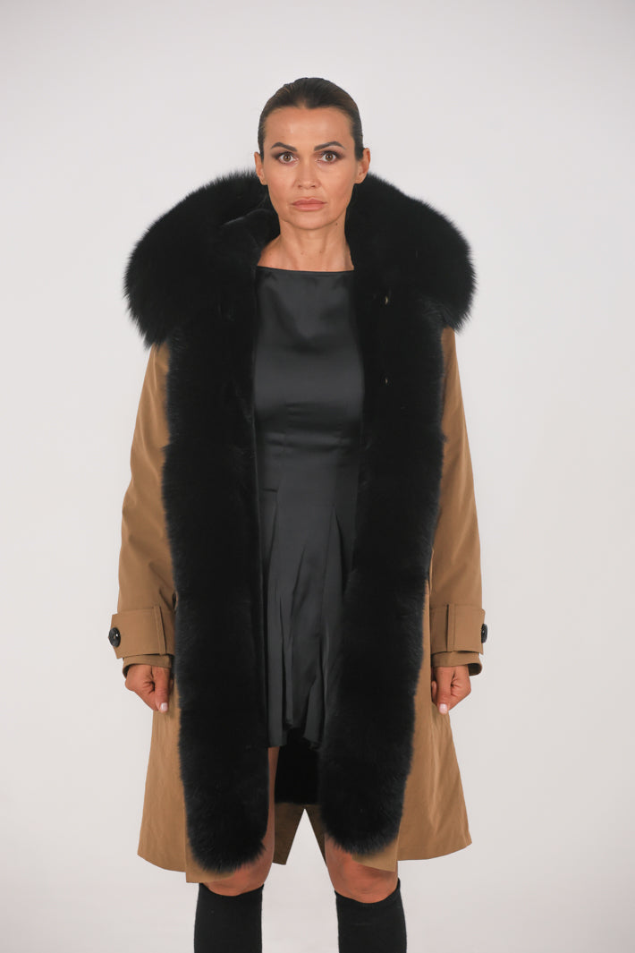 X-Long Parka in Fox Black Waterproof Cotton Mixed