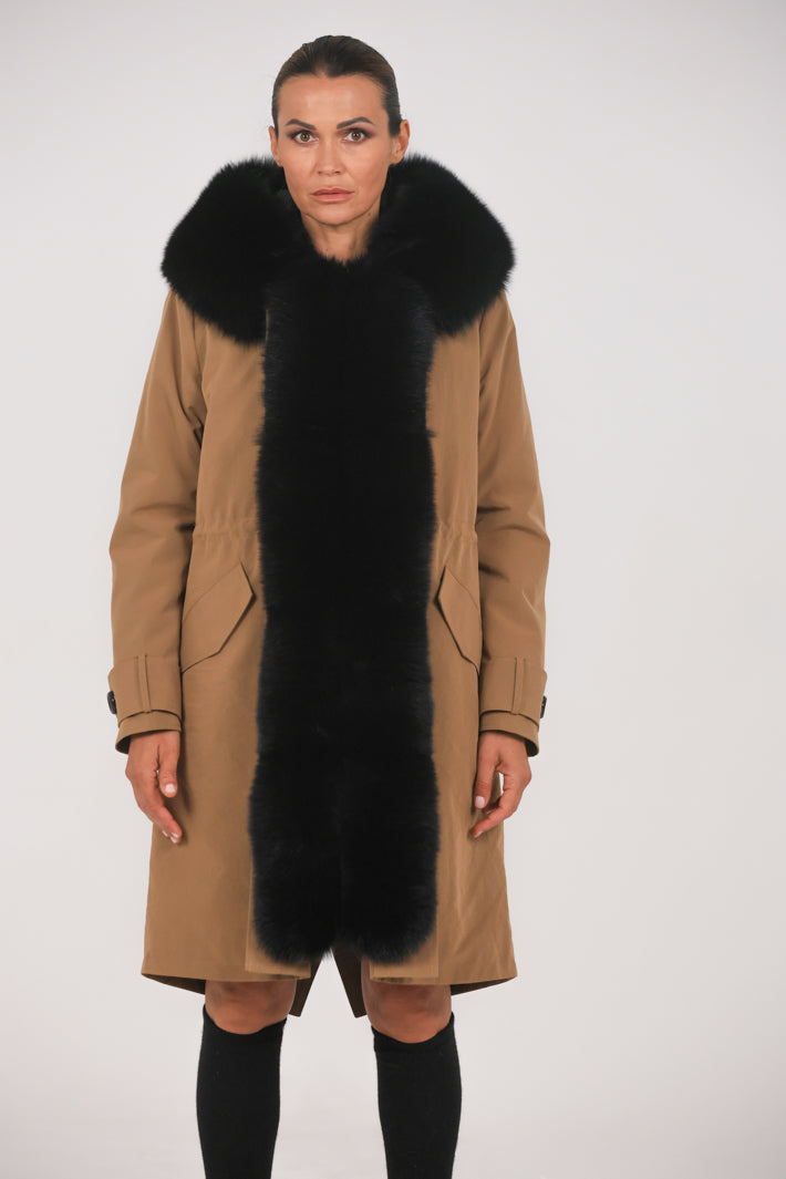 X-Long Parka in Fox Black Waterproof Cotton Mixed