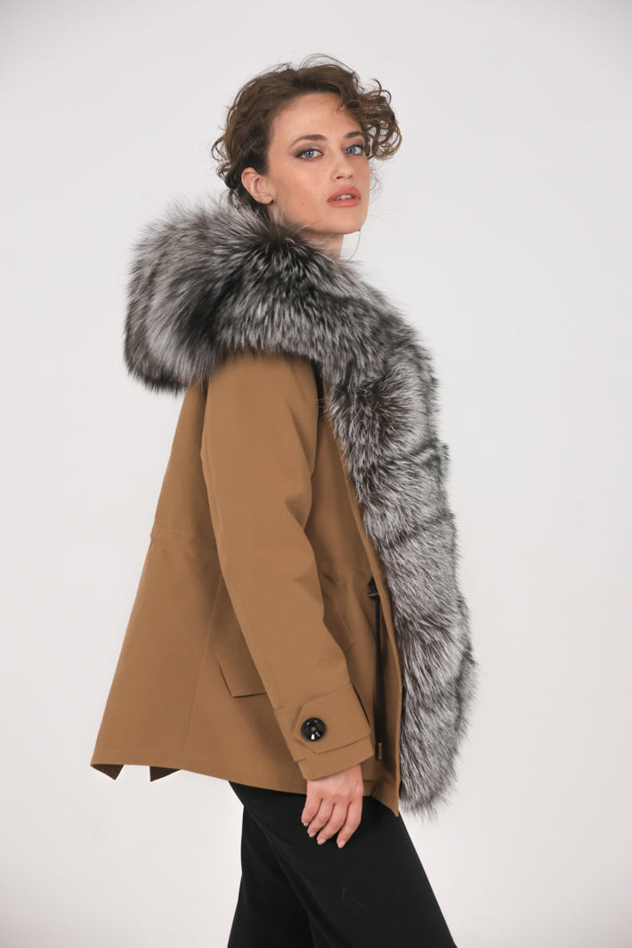 Short Parka in Mixed Cotton Waterproof Fox Silver