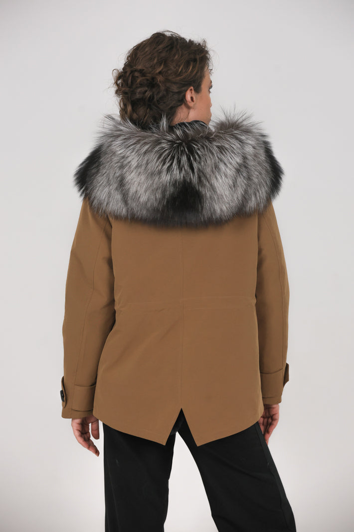 Short Parka in Mixed Cotton Waterproof Fox Silver